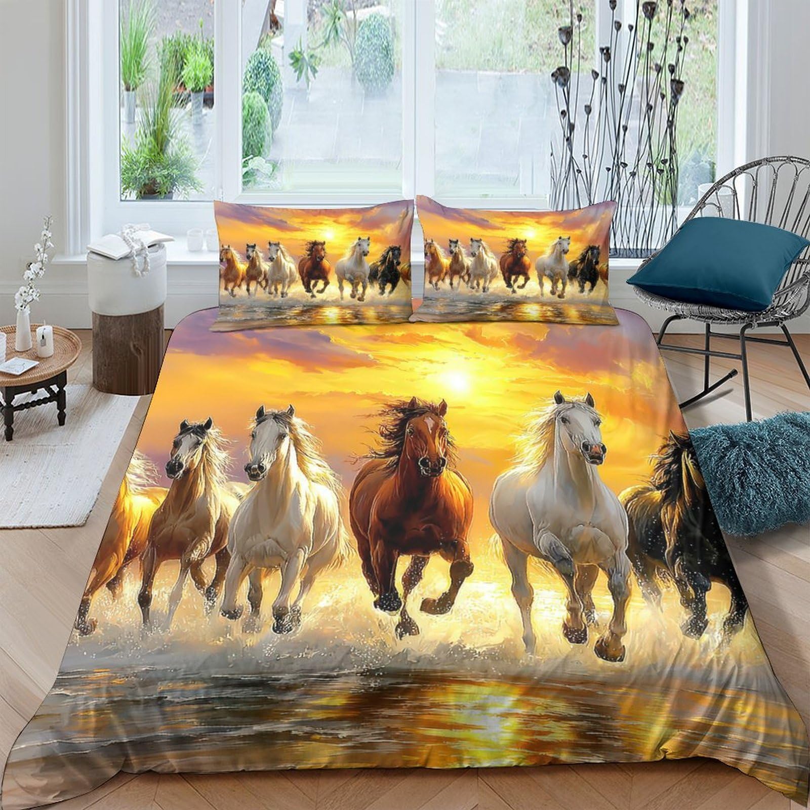 Ctjqhvkz Style-1 3D Printed Sunset Galloping Horses Fitted Sheet Microfiber Soft Bed Sheet For Bedroom Guest Room Decor Mattress Protection Single（135X200cm）