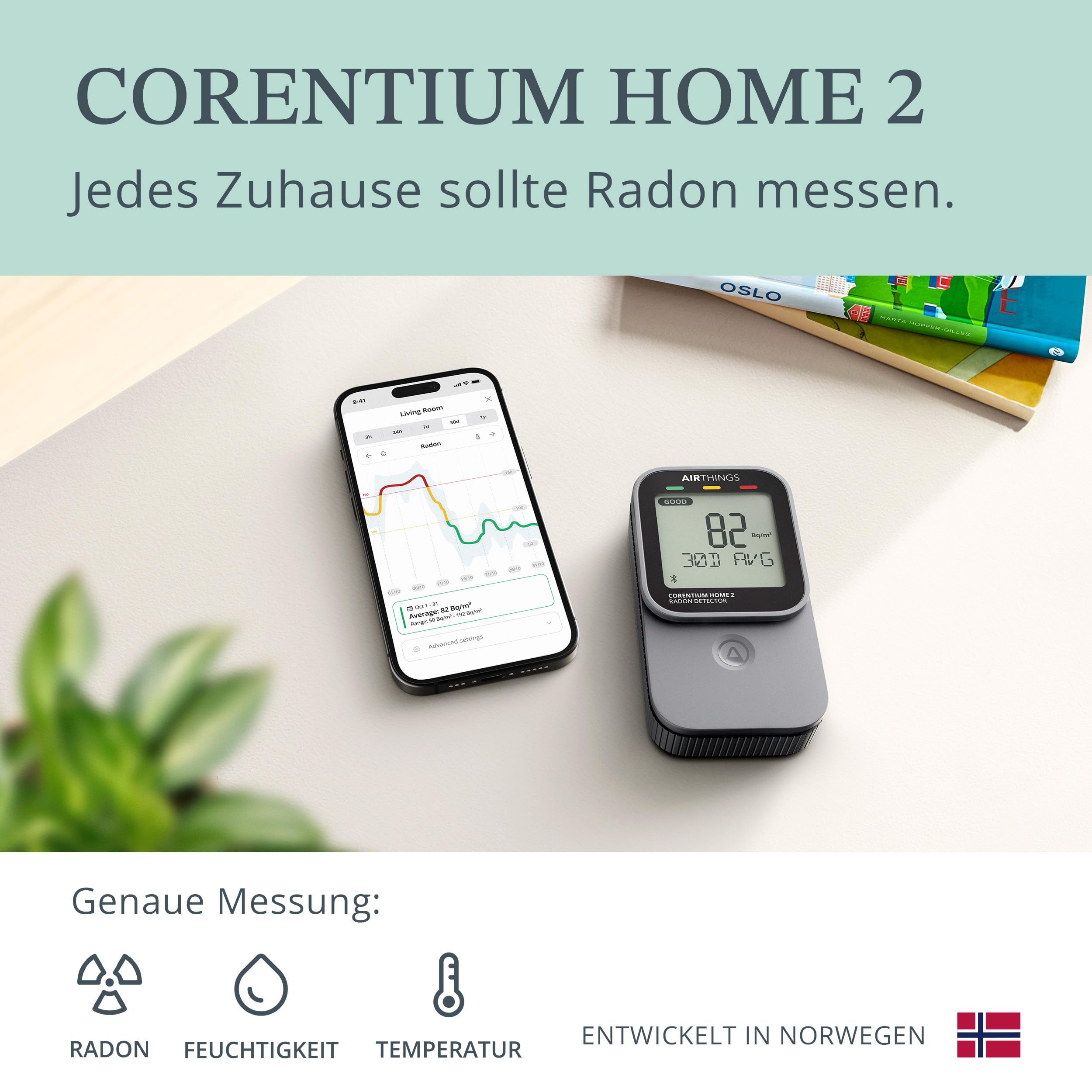Airthings 325 Corentium Home 2 digitaler Radondetektor tragbar Bluetooth Luftfeuchtigkeit Temperatursensor