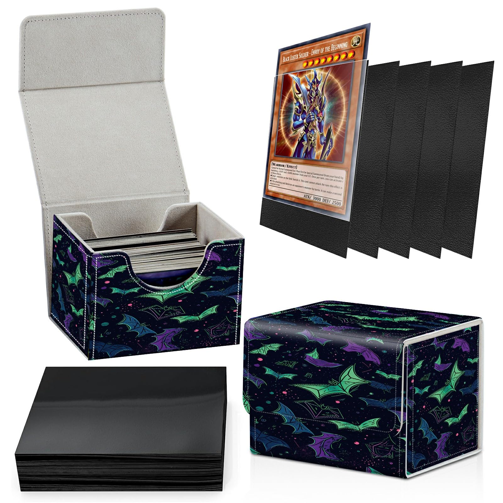 shaddoll card sleeves Deck Box Plus 100 Counts Matte Black Card Sleeves, Rainbow Goth Bats for Collectible MTG TCG CCG Card Storage Box Horizontal Holds 100+ Single Sleeved Cards, Leather Game Card Box Box Color:Green PSA Graded Pokemon Card official card game Mega-Pack
