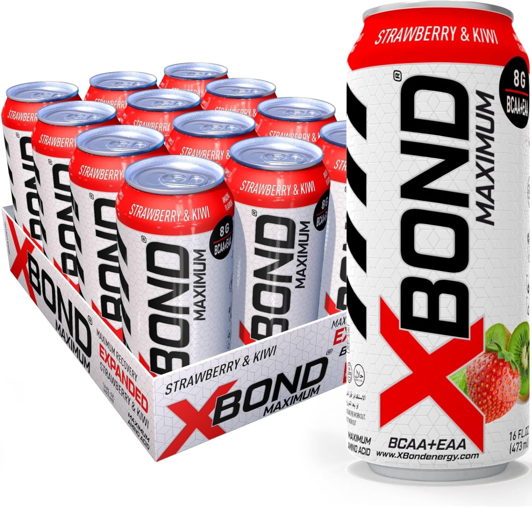 XBOND Maximum Recovery Strawberry & Kiwi Expanded Maximum Amino Drink - BCAA + EAA Electrolytes Drink - 16 fl oz (473 ml) - 8g BCAA/EAA, Sugar Free 34 Calories, 60mg Caffeine Pack of 12