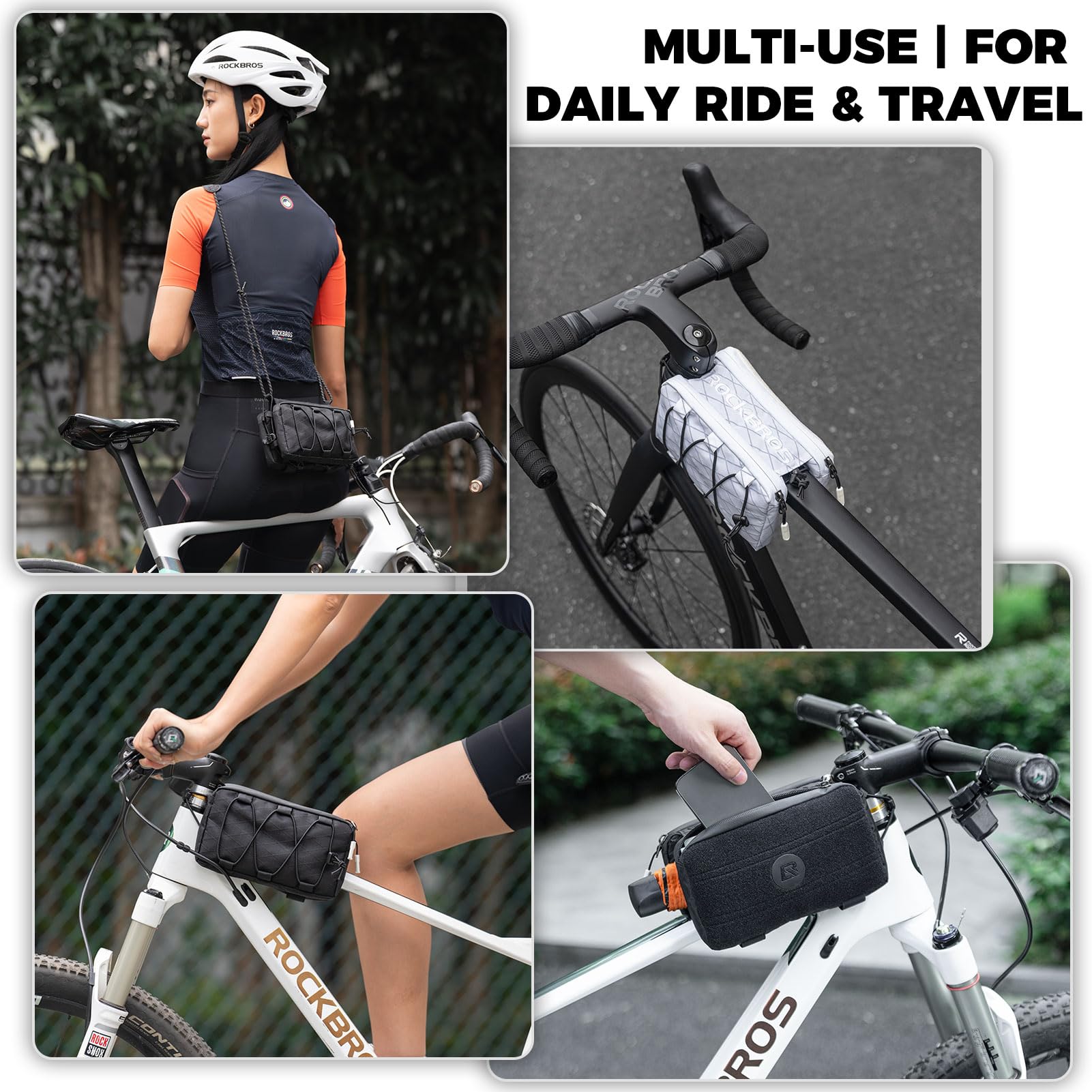 ROCKBROS Borsa Telaio Bici 1 L, Borsa da Bicicletta Tubo Superiore 2 Tasche Laterali, con Cordino Elastico Laterale con Tracolla, per Bici da Corsa MTB Trekking Commuting, Nero