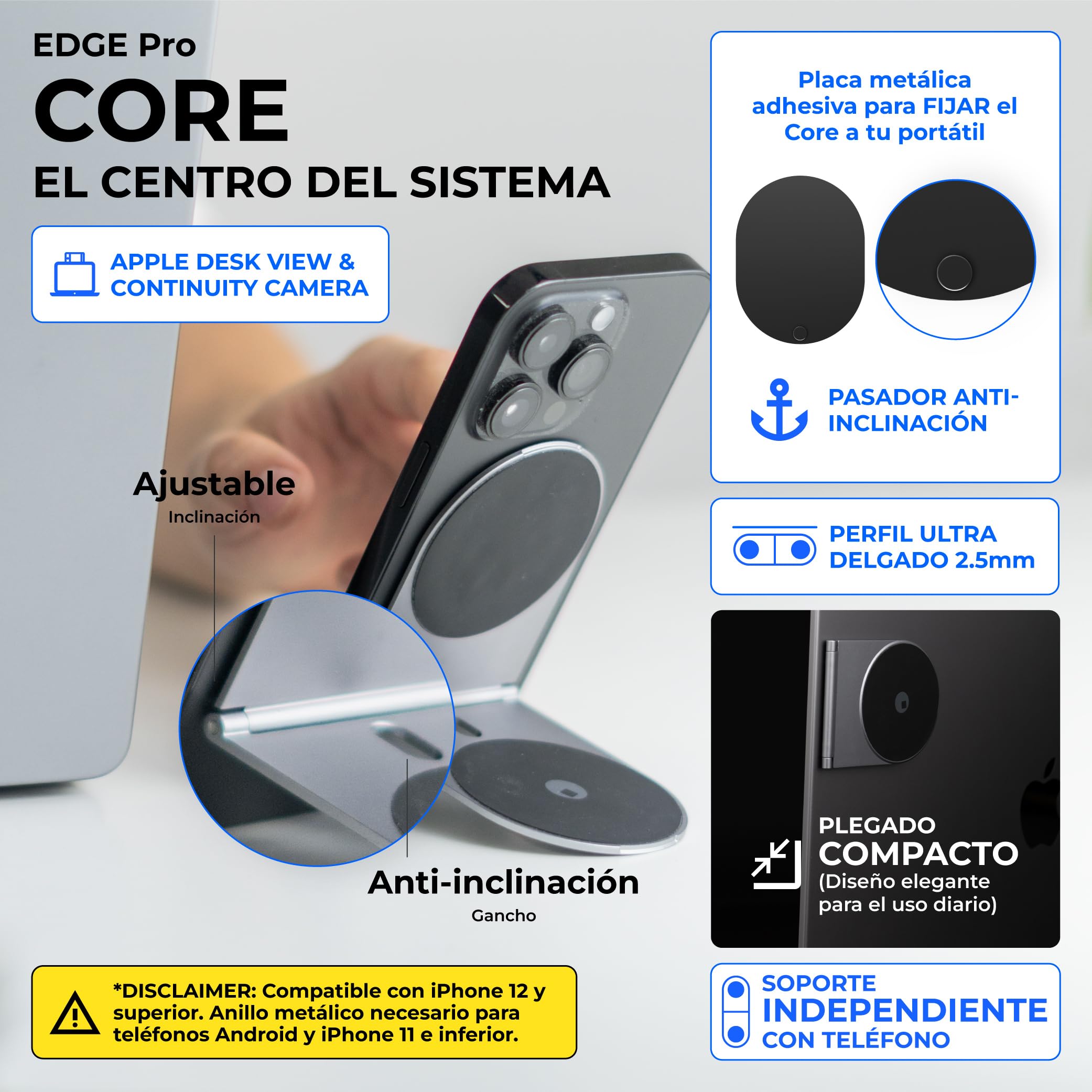 Rolling Square Edge Pro Full Kit - Soporte Movil para Portatil, Kit con Soporte Magnetico para Movil, Cargador Inalambrico Universal y Luz 1000 Lumen, Soporte con Cargador Magnetico Teletrabajo, Negro
