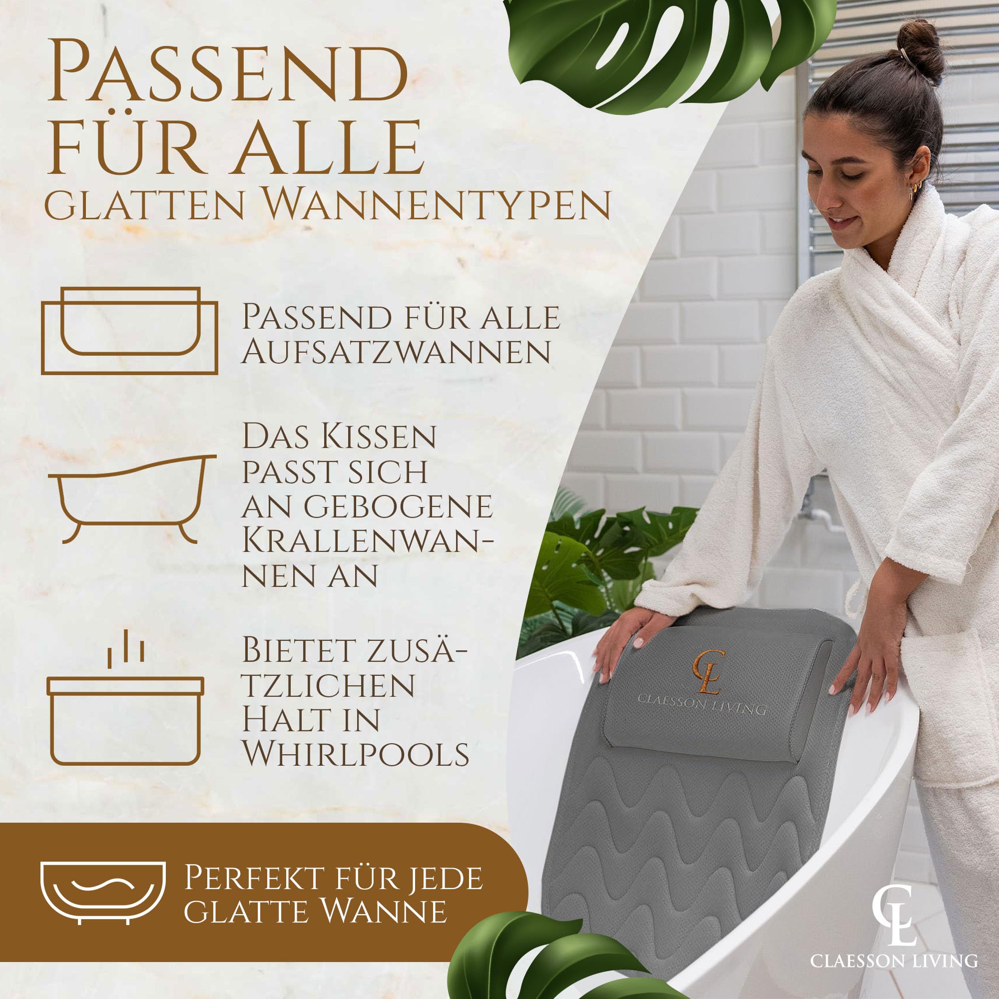 Badewannenkissen Ganzkörper Badekissen (125x43cm) - Badewannenmatte mit Kopfstütze unterstützt Nacken, Rücken und Beine - Mit Wasch- und Reisebeutel und Hängehaken für schnelles Trocknen - Grau