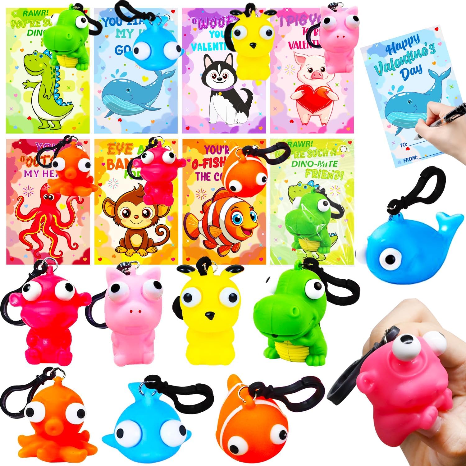 CAMIRUS 28PCS Valentines Day Cards with Popping Eyes Animal Squishy Fidget Toys, Cute Pop Out Eyes Squishies Keychains for School Classroom Valentines Exchange, Valentine Party Favors