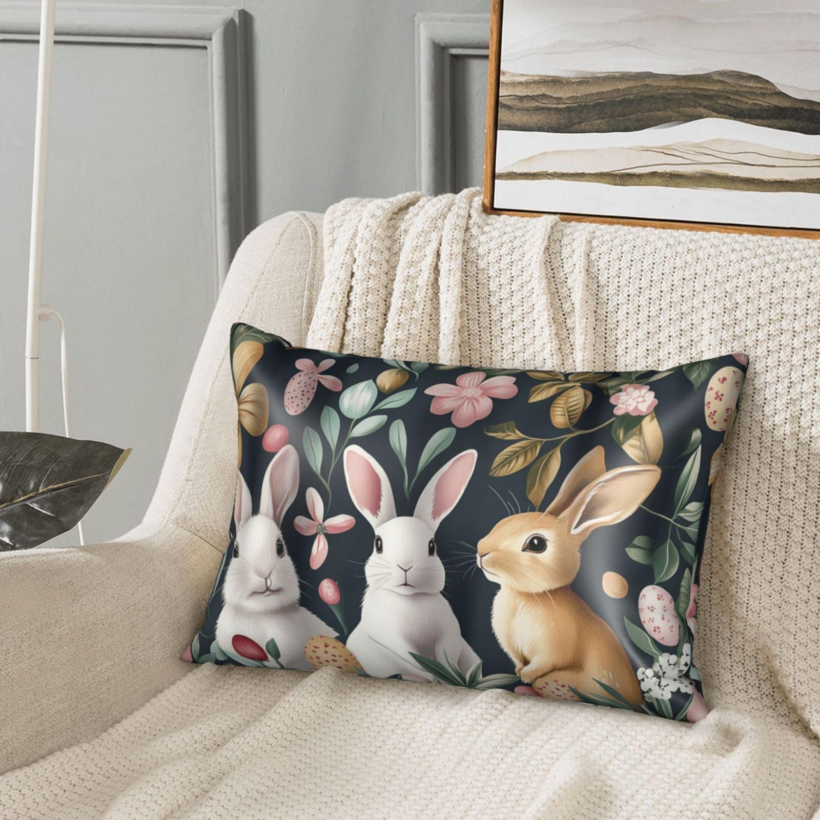Easter Satin Pillowcase Bunny Rabbits Leaves Silk Pillow Cases for Hair and Skin Slipping Body Pillow Cover with Zipper Queen Size 20x30 Pillowcase Decorative for Kids Bedroom