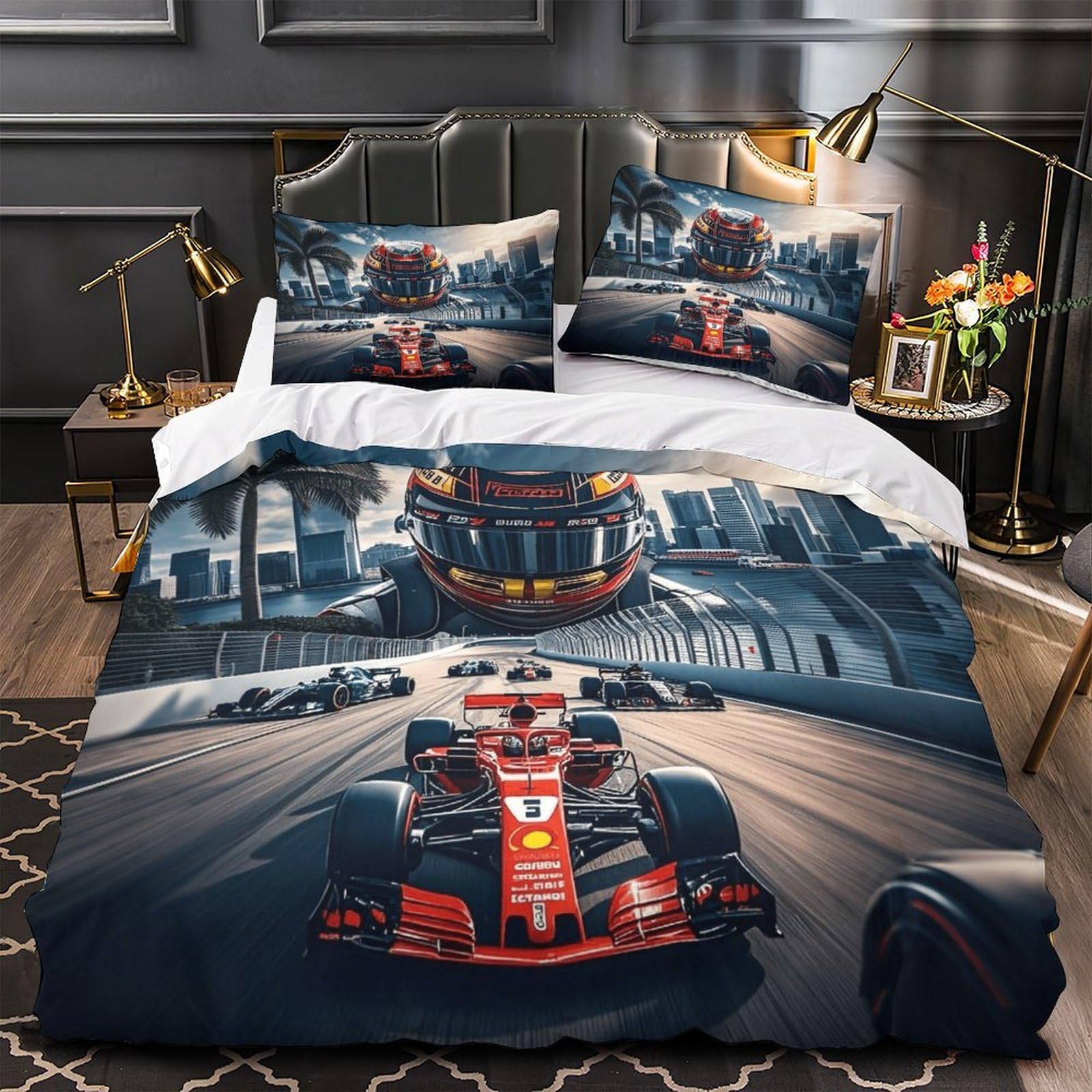 DAFUfbw Formulaa Racing Duvet Cover With Hidden Zipper, Double（200x200cm） Raikonen Quilt Cover with Pillowcases, Soft Microfiber Comforter Cover for Boys Girls