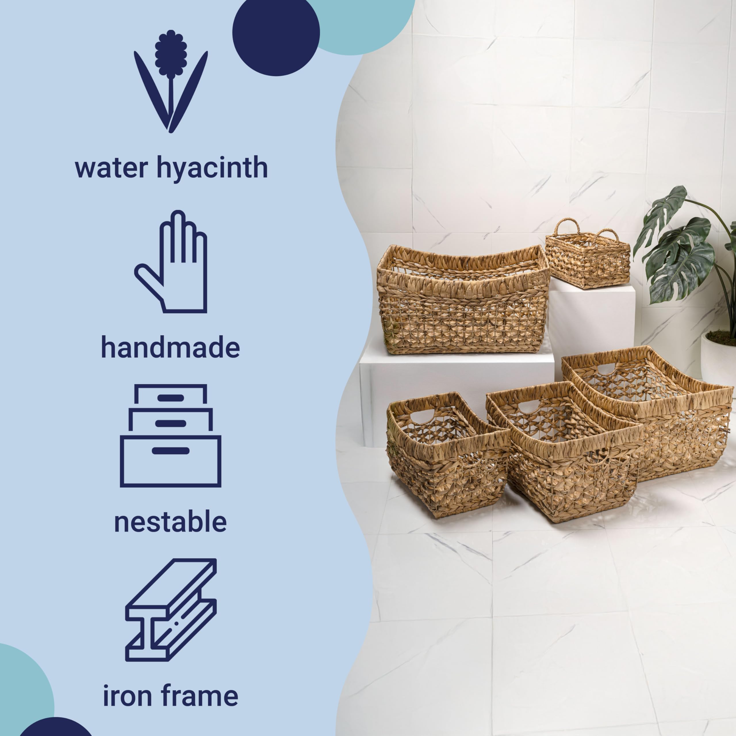 happimess BSK2025A-5SET Aria współczesny czeski ręcznie tkane kosze do przechowywania hiacyntu wodnego z uchwytami, pojemniki na trawę morską do dekoracji w salonie, sypialni, naturalne (zestaw 5 szt