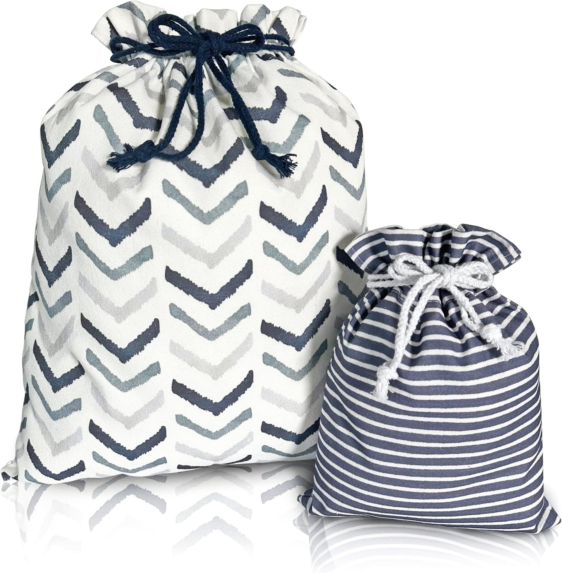 Gather & Knot Drawstring Gift Bags | 20" Large 12" Small | Premium Canvas | Gender Neutral Reusable Fabric Wrap for Mother's Day, Father's Day, Baby Shower or Birthdays | Blue Chevron