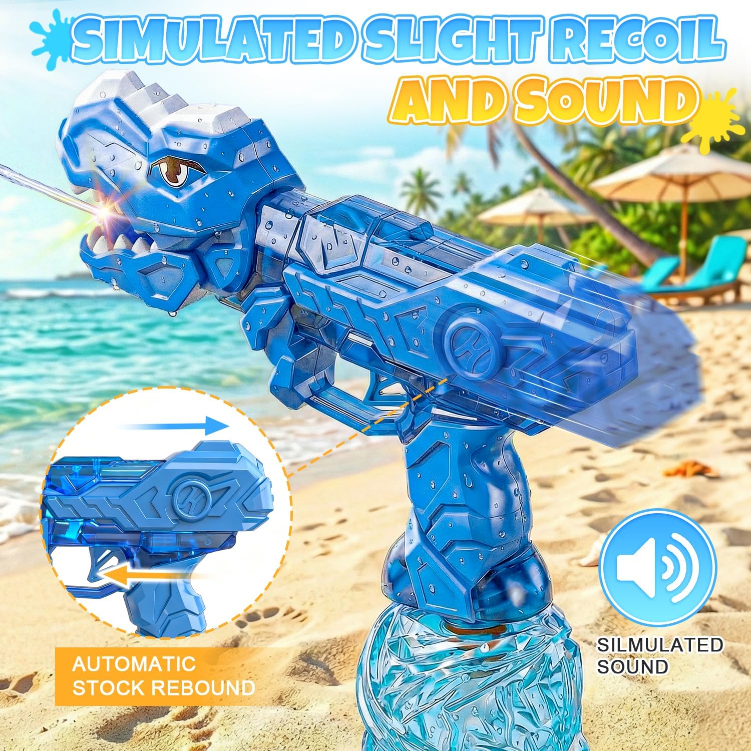 Electric Water Gun Blue Dinosaur, 26-32 FT Long Range Squirt Gun for Adults Kids, Large Capacity Automatic Water Pistol with Flash, Realistic Watergun for Summer Outdoor Yard Water Theme Party