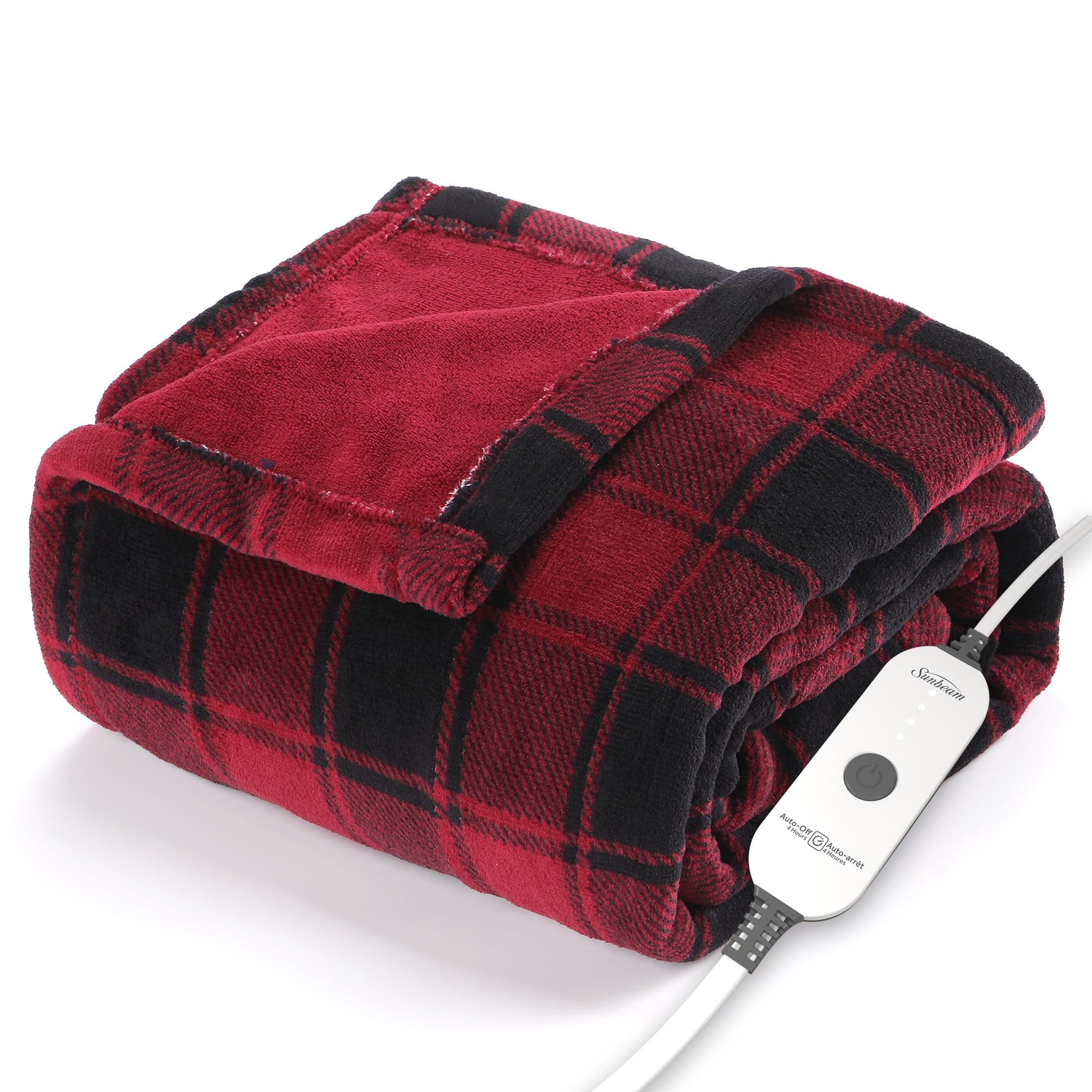 Sunbeam Electric Throw Royal Luxe Microplush Heated Blanket, 4 Heat Settings, 4-Hour Auto Shut-Off, Fast Heating, Warm and Cozy, Red-Black Plaid Pattern, 50" x 60"