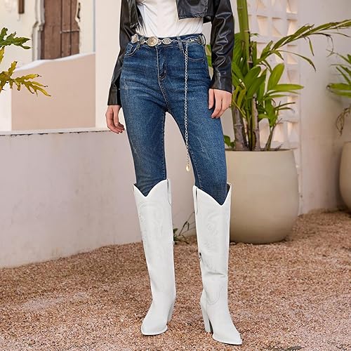 Miniatura 5 de ISNOM Botas vaqueras para mujer, botas altas hasta la rodilla, botas vaqueras bordadas con tacón grueso de bloque y puntera puntiaguda