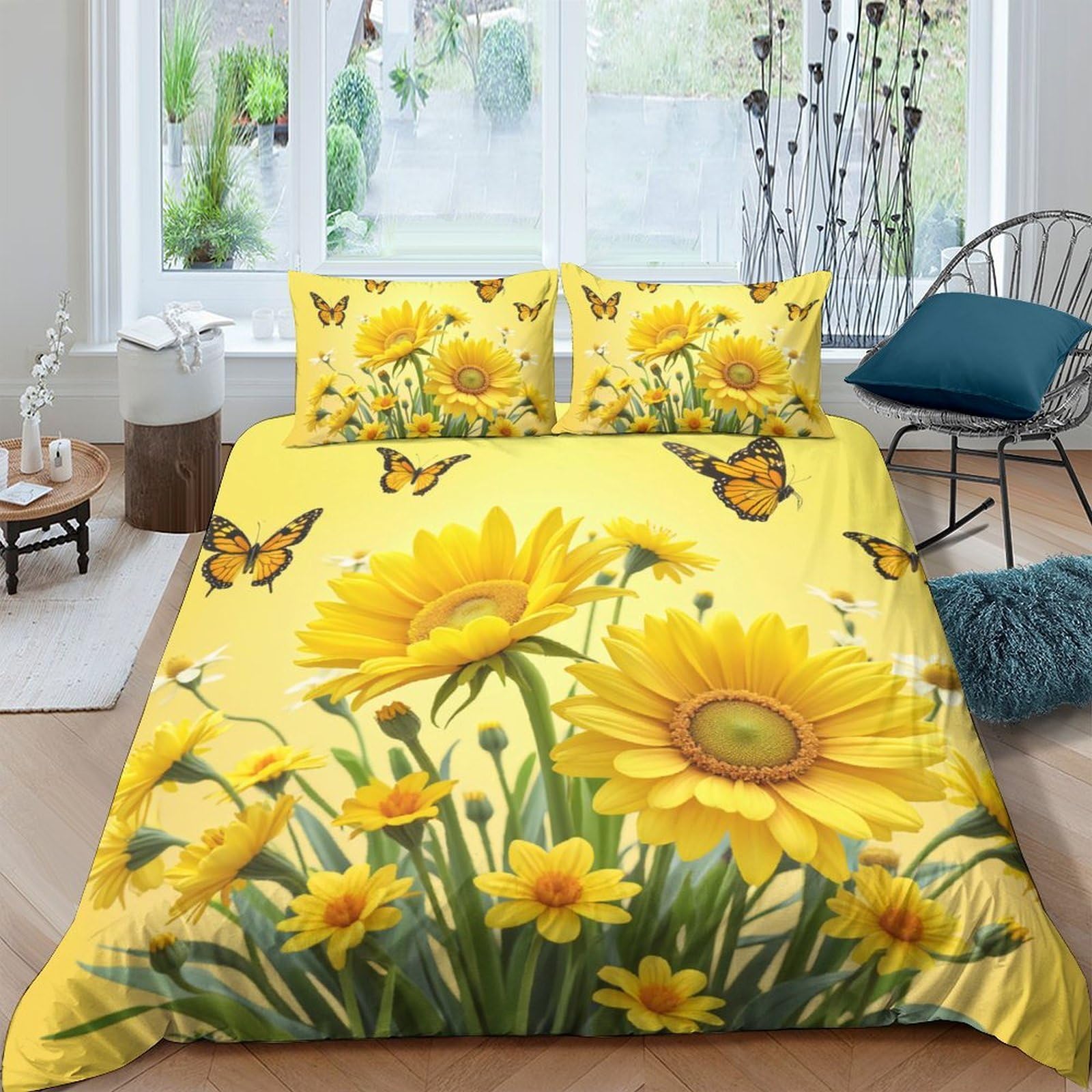 Ctjqhvkz Style-10 3D Printed Sunflower Butterfly Fitted Sheet Microfiber Soft Yellow Floral Bed Sheet Bedroom Guest Room Decor Single（135X200cm）