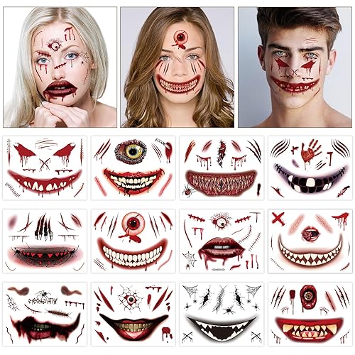 Konsait 12 hojas de tatuajes de cicatrices de Halloween temporales de zombi, tatuajes faciales de Halloween para heridas sangrantes, tatuajes