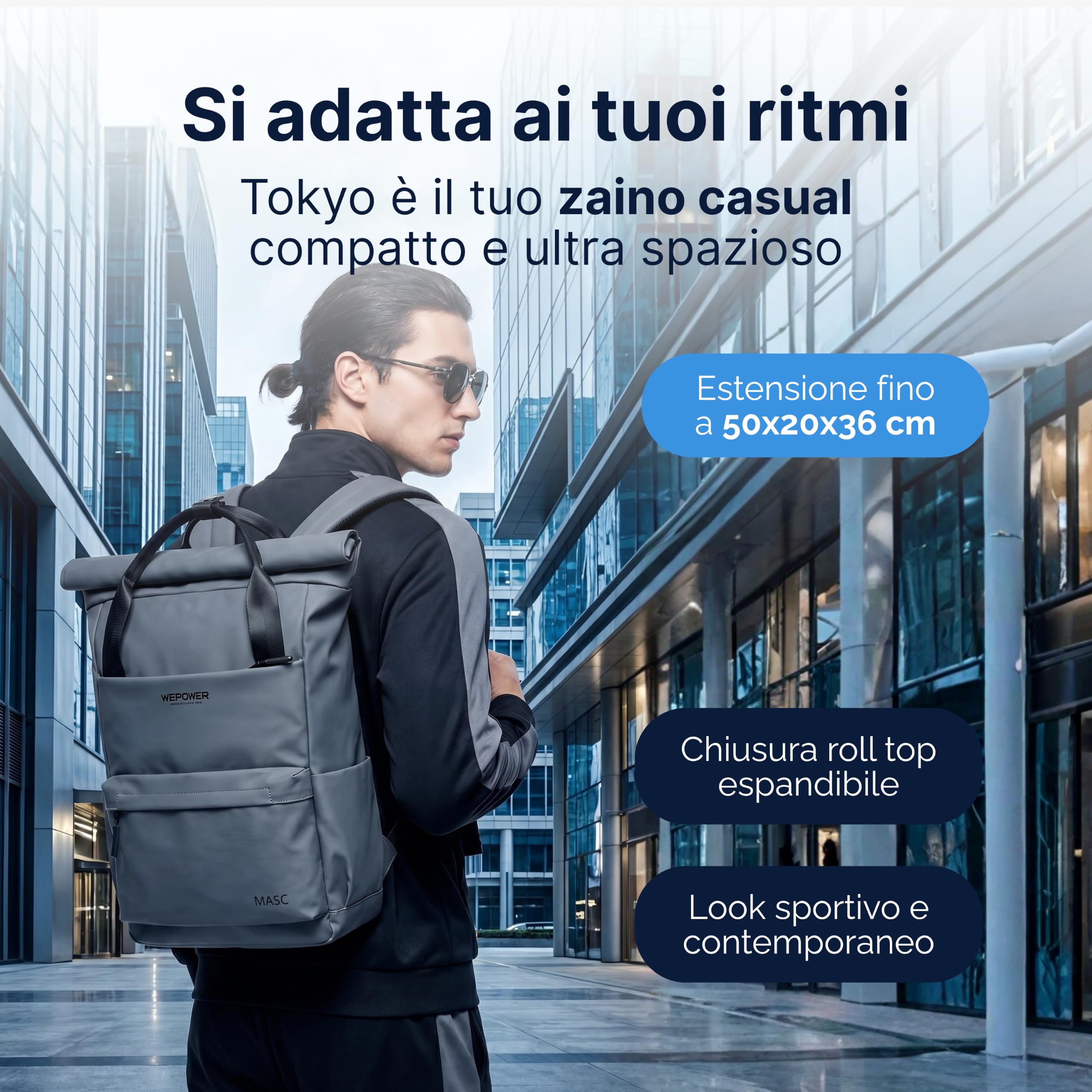MASC Zaino Rolltop per PC, Zaino Professionale Elegante Multitasche, Ergonomico e Impermeabile ideale per l’Ufficio