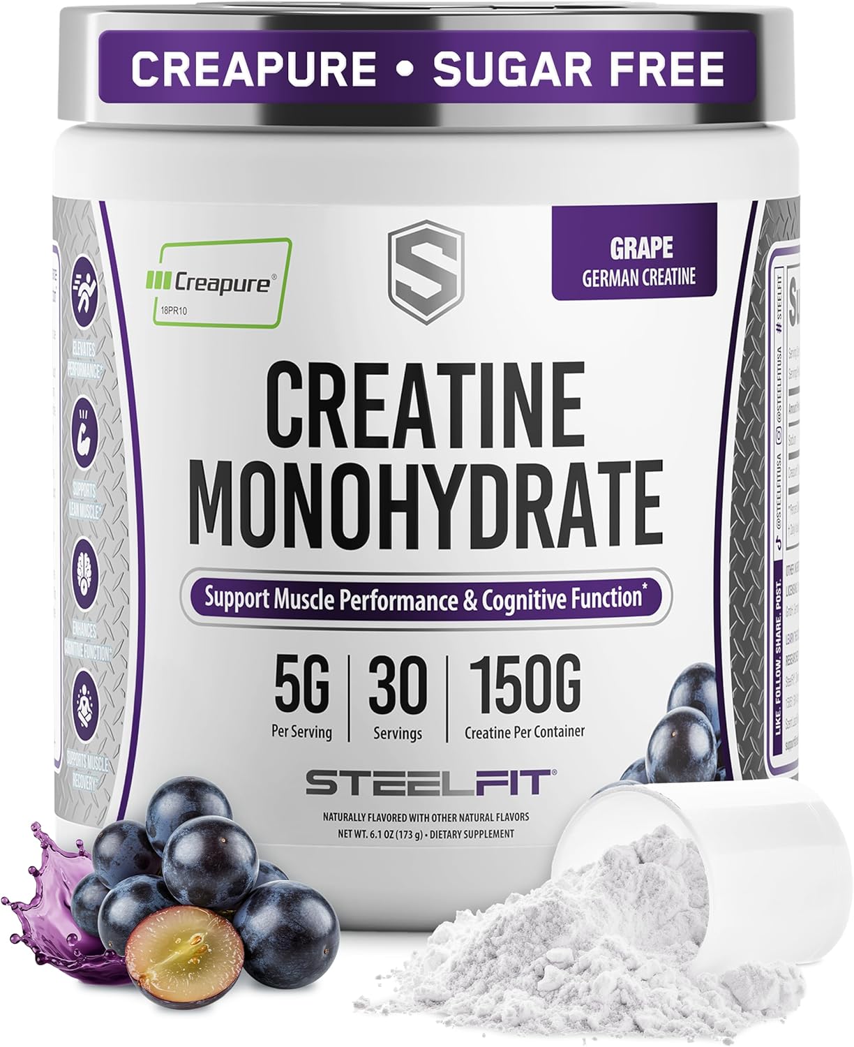 SteelFit Creapure Pure Creatine Monohydrate Powder for Men & Women, Grape - Flavored Creatine Gym Workout Supplements for Lean Muscle Gain, Brain Health & Strength Building - 30 Servings