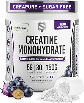 SteelFit Creapure Pure Creatine Monohydrate Powder, Grape, 30 Servings | Flavored Creatine Gym Workout Supplements for Lean Muscle Gain, Brain Health, Strength Building - For Men & Women