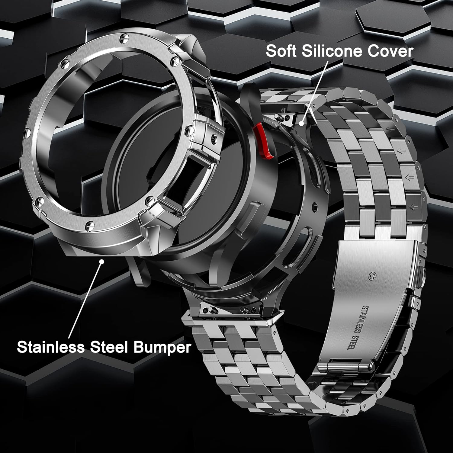 HASLFM Stainless Steel Case and Bands Compatible with Samsung Galaxy Watch 5 pro 45mm, Adjustable Metal Band Rugged Protector Cover for Samsung Watch 5 pro Band Men Business (Grey)