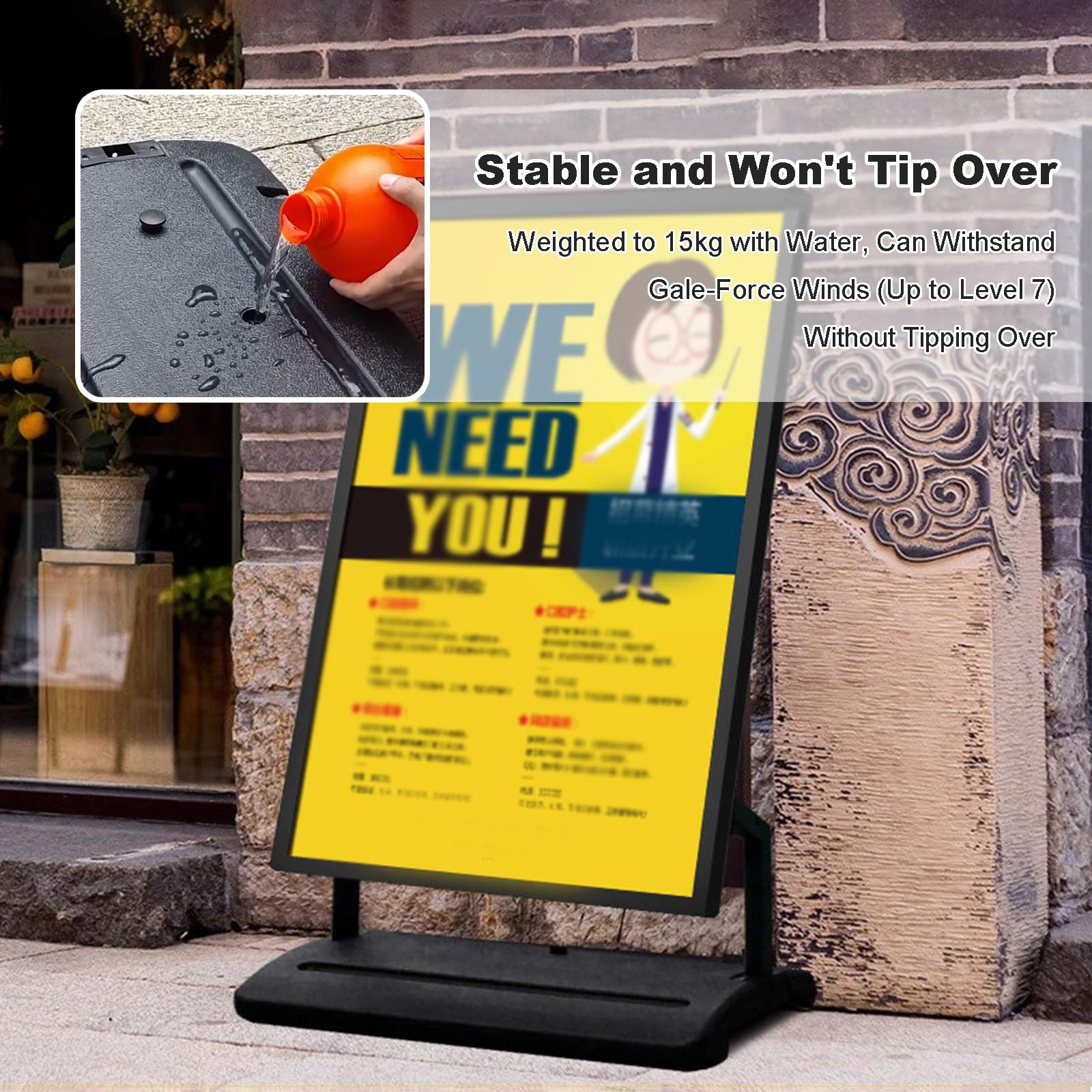 Soporte para Carteles de Exterior, Resistente al Viento, Resistente, con Base Rellenable y Ruedas para Eventos Comerciales y Minoristas(60x100cm)