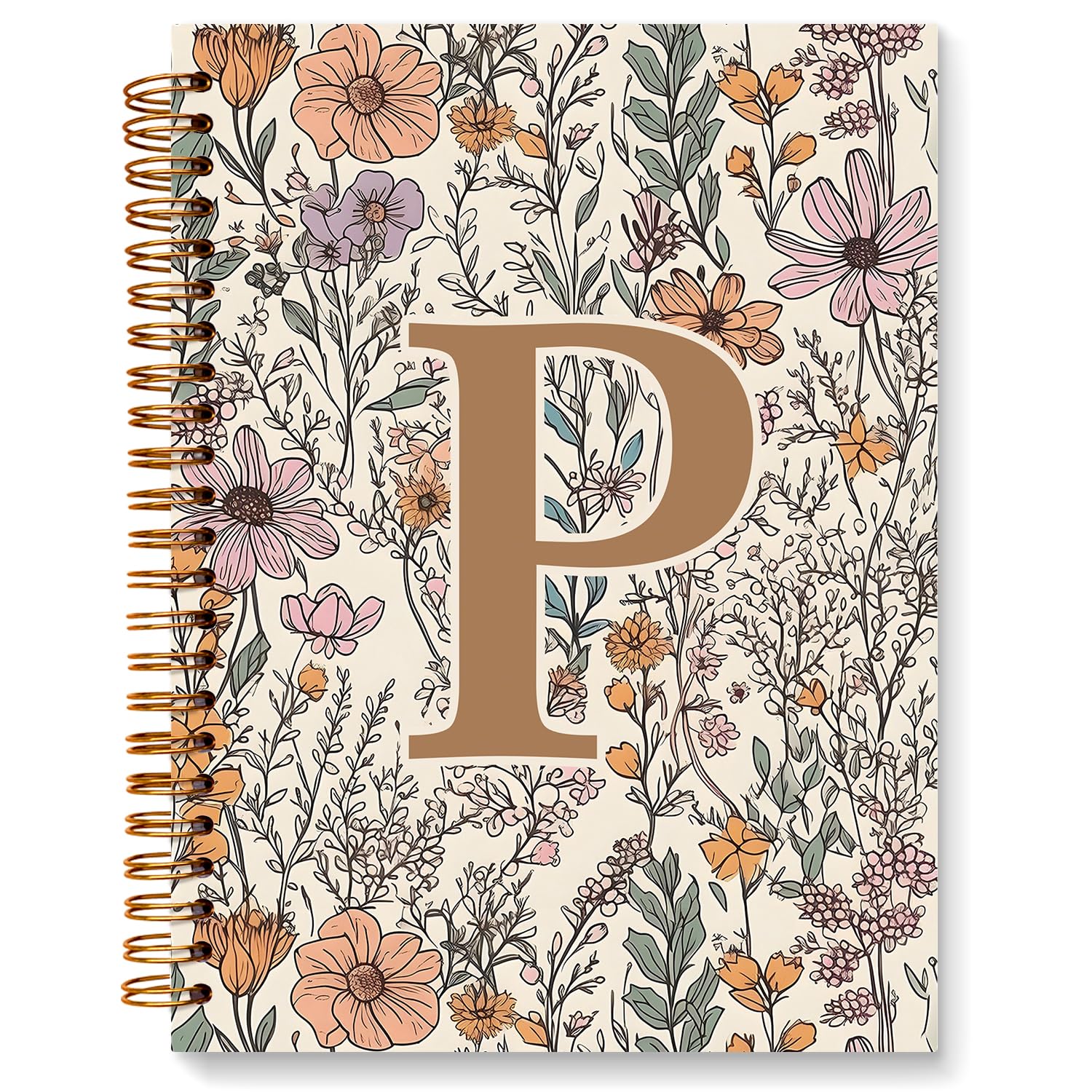 JXREQ Spersonalizowany notatnik w stylu vintage, boho, inicjał litery P, notatnik, monogram, prezenty dla kobiet, artykuły biurowe, kwiat, spiralny zeszyt