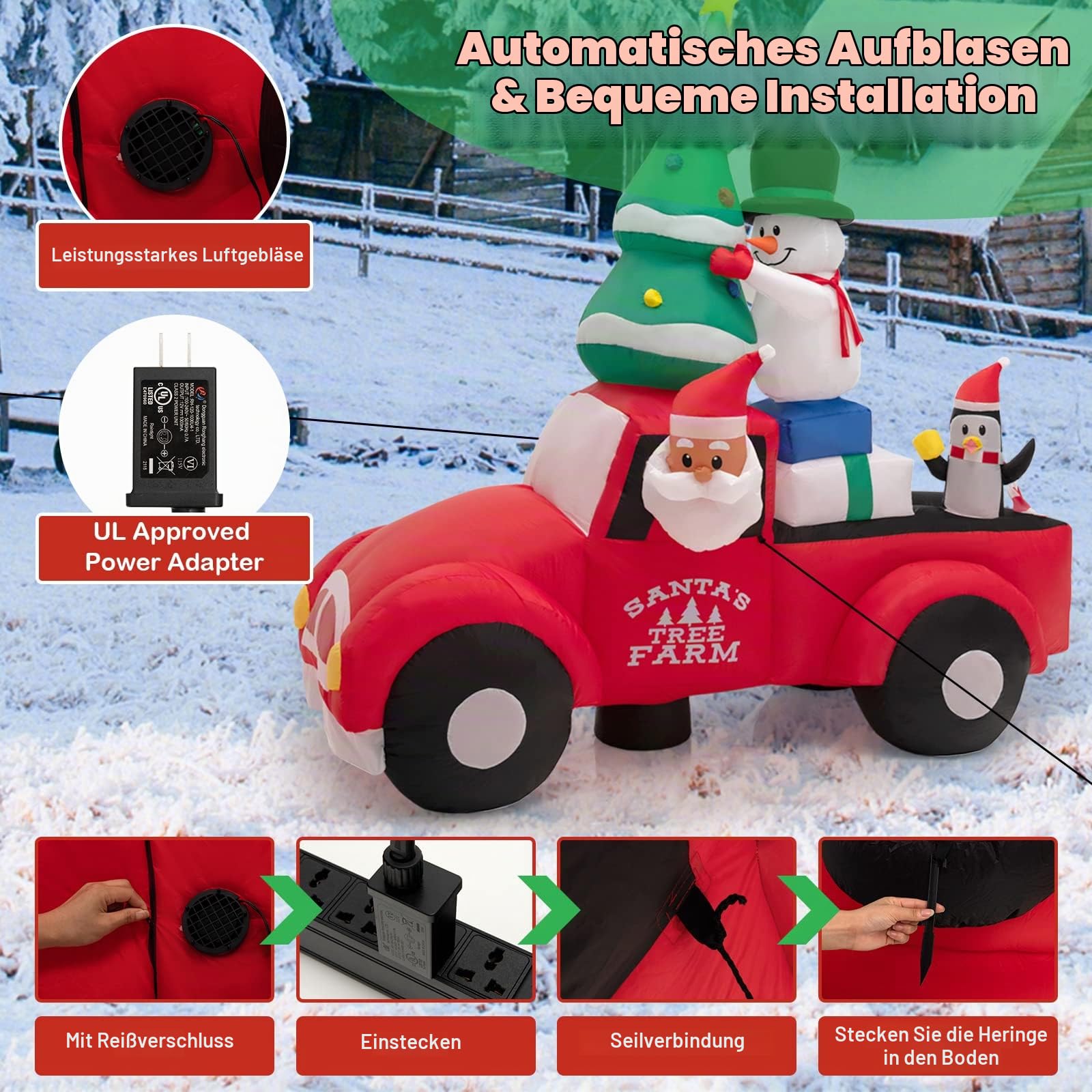 GOPLUS 2,4m aufblasbarer Weihnachtsmann Deko, Santa Claus im Auto mit LED Lichtern & Gebläse, Weihnachtsdeko XXL aufblasbar mit Weihnachtsbaum, Schneemann & Pinguin für drinnen & draußen