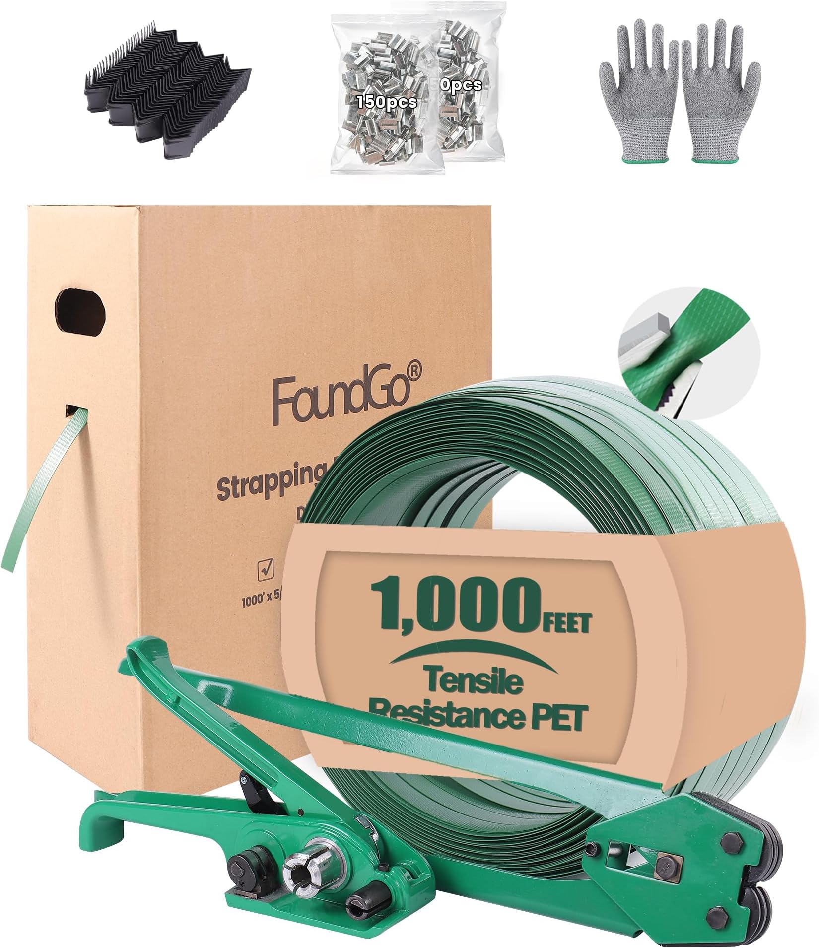 FoundGo PET Banding Strapping Kit for Heavy Duty Tough Pallet Packaging Strapping Tool with >1500lbs 5/8" x 1000' PET Strapping Roll & its own Pull-Out Box 100 Corner Protectors 300 Seals