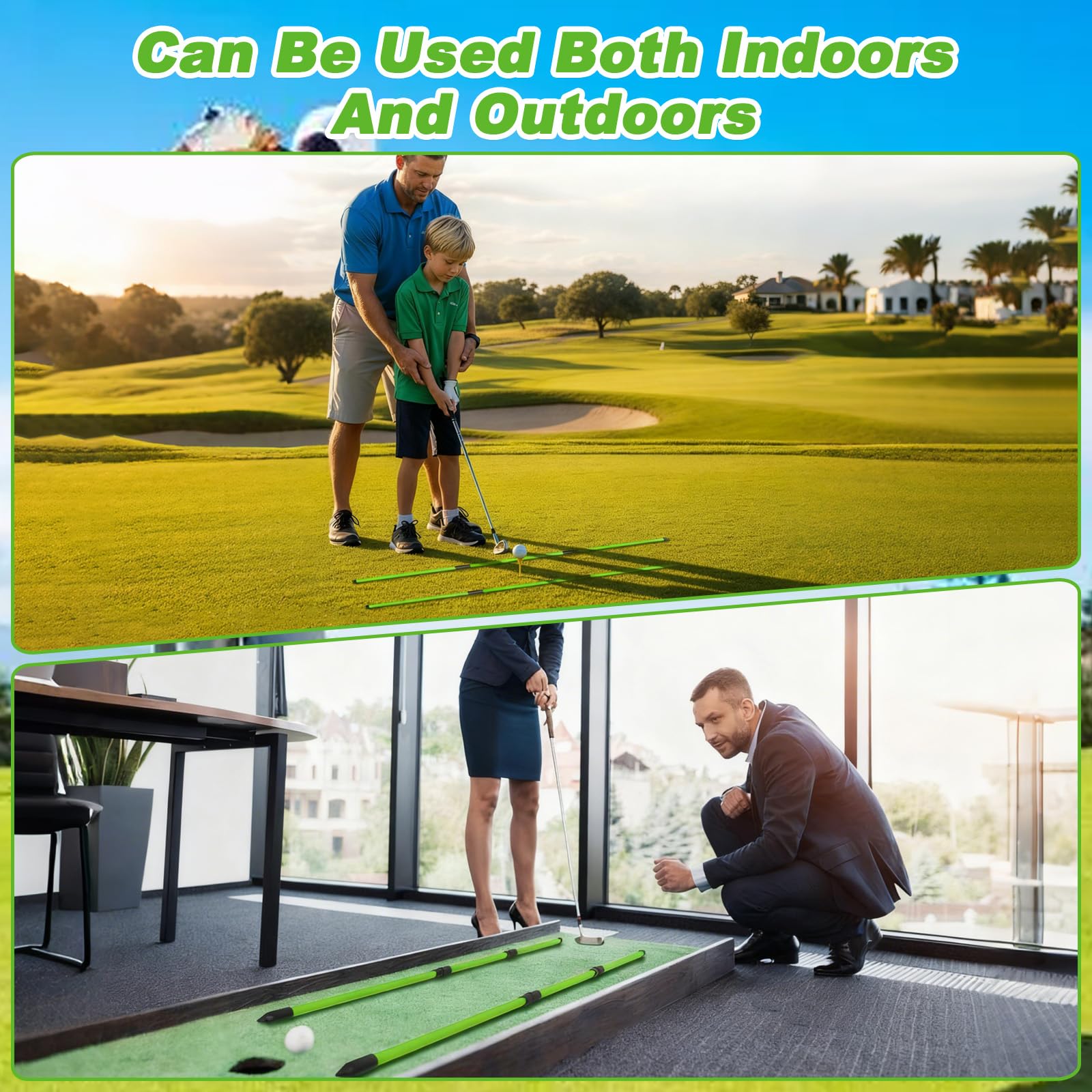 2Pcs Palos de Alineación Golf, Ayuda Alineación Entrenamiento Golf Plegables 123cm, Varillas Entrenador Swing Ayuda Práctica Fibra Vidrio 3 Secciones para Principiantes Golfista, Corrector Postura