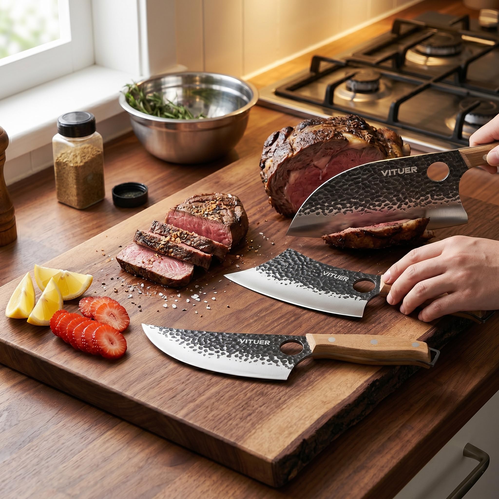 3PCS Butcher Knife Set, Hand Forged 7" Butcher Meat Cleaver, 7" Serbian Chef and 6.5" Viking Knife, Great for Indoor & Outdoor (Stylish Pattern Design) — Amazon image 6