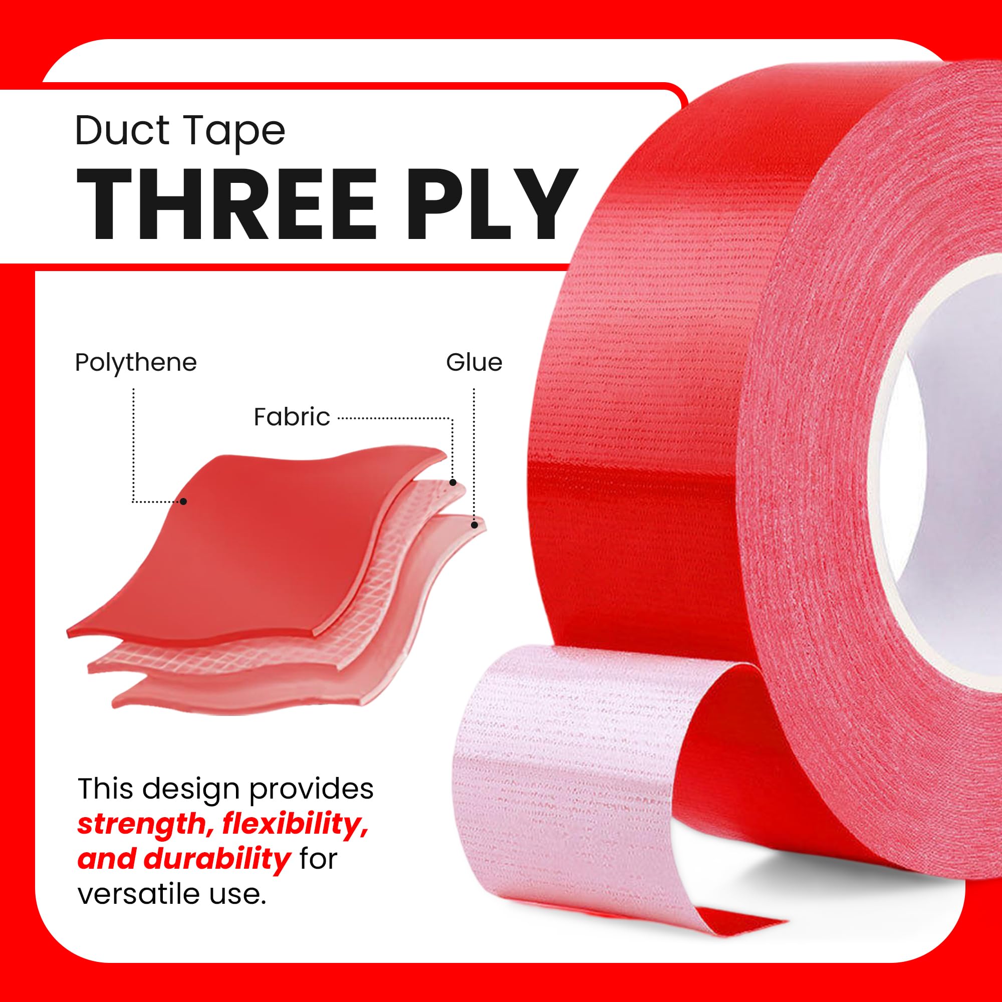 TNCIAD PW Red Duct Tape – 3 Rolls Of Strong Red Heavy Duty 48mm X - View #5