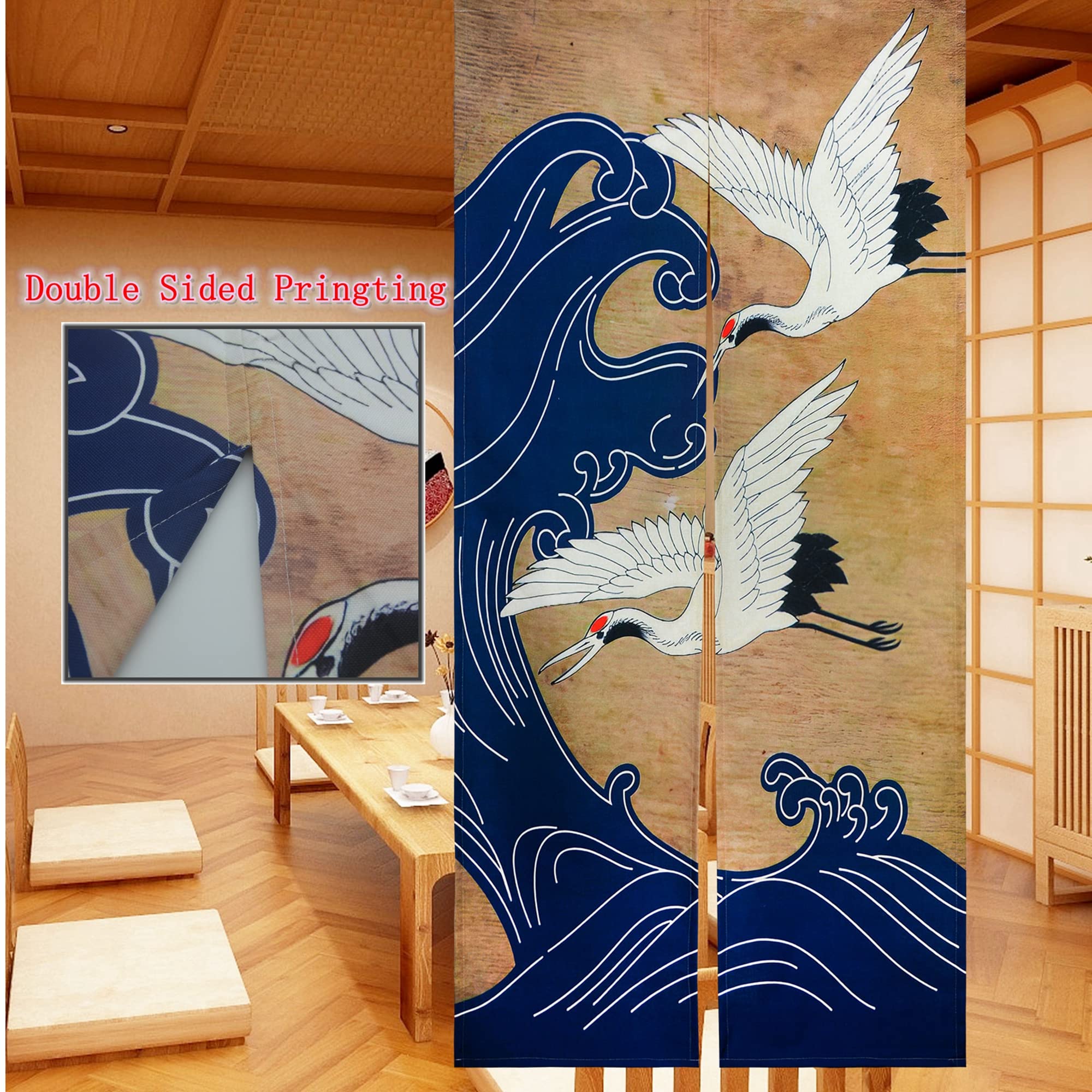 LIGICKY Japanischer Stil Dick Noren Lang Vorhang, Doppelseitig Druck Türvorhang Raumteiler Tapisserie für die Heimtextilien 85 x 180 cm, Gekrönten Kran und Welle