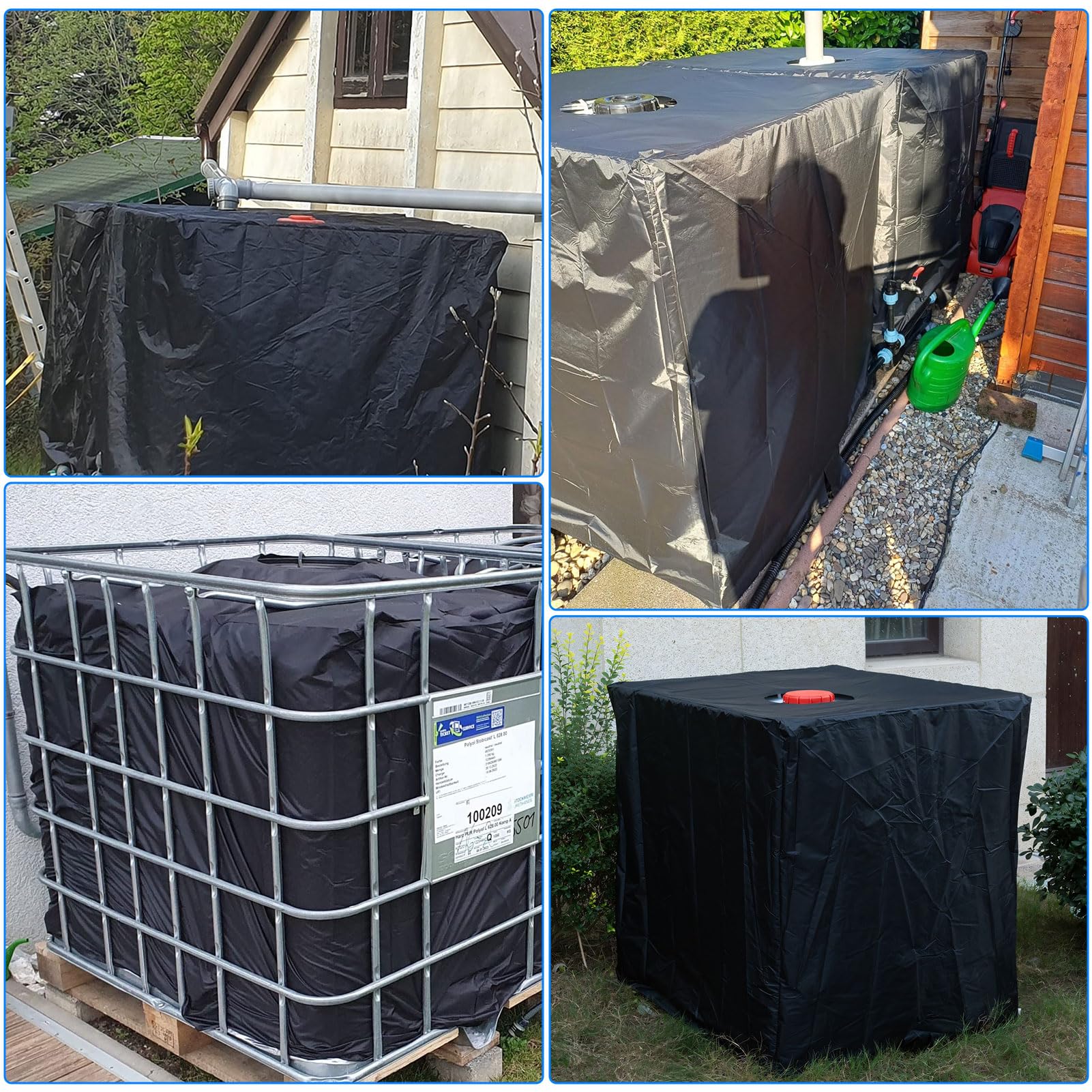 Bache pour Cuve 1000L, Bâche de Récupérateur d'eau de Pluie 1000 litres, Housse Protection Cuve, Anti-Poussière Anti-UV Réservoir de eau IBC (116 x 100 x 120 cm) (Noir, Lot de 2)