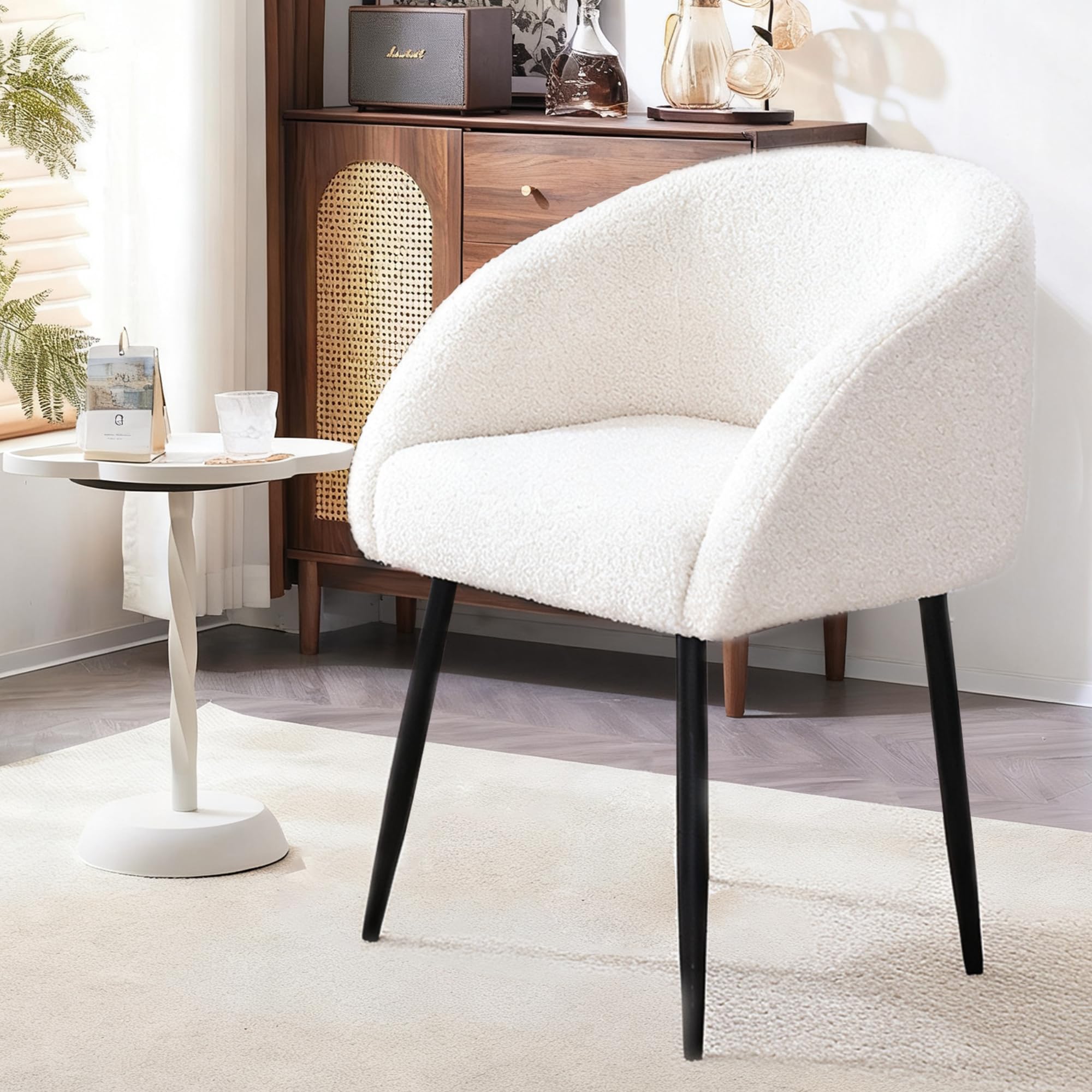 Mingone Sessel Lounge Loungesessel für Wohnzimmer Lammwolle Polsterstuhl Stuhl mit Armlehnen Cocktailsessel Modern Schwarz Metallbeinen für Schlafzimmer Last bis 120 kg, Weiß