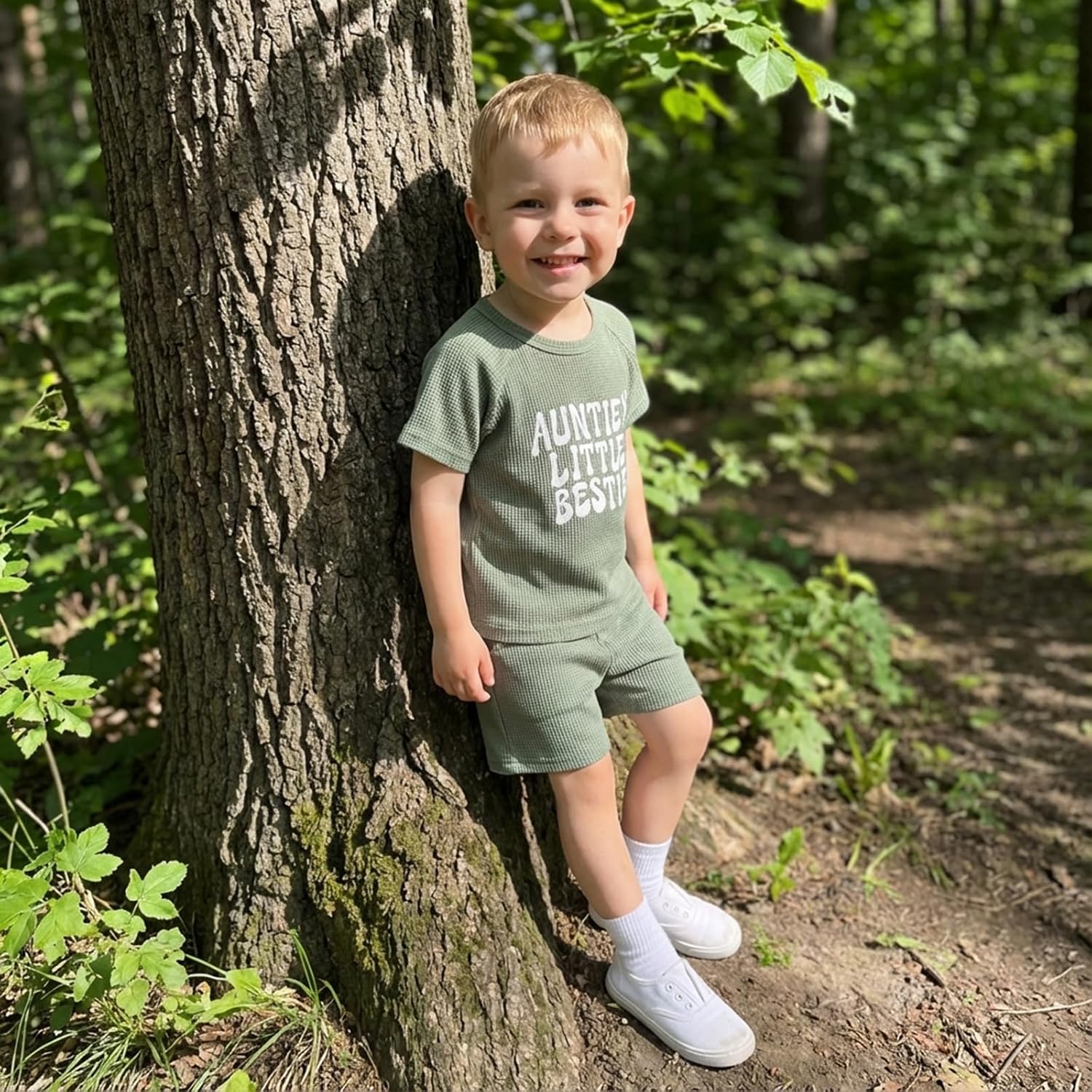 Aunties Little Bestie Baby Outfit Toddler Boy 2Pcs Summer Clothes Short Sleeve Letter T Shirts and Waffle Shorts Set