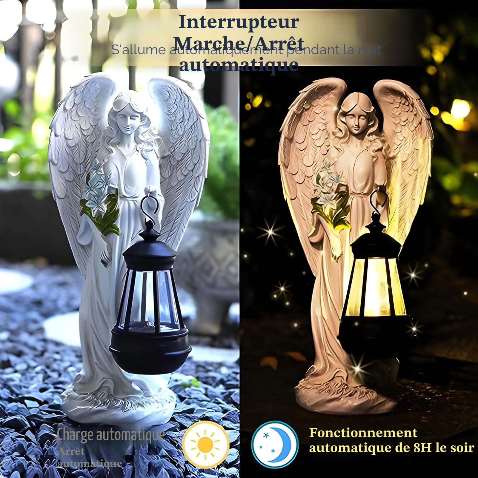 Statue du Jardin des Anges,Sculpture d'ange Féérique,Figurine Ange Gardien avec Lanterne LED Solaire,Auto-on,Ange Tombe pour Terrasse,Pelouse,Cour,Pendaison de crémaillère,Funèbre