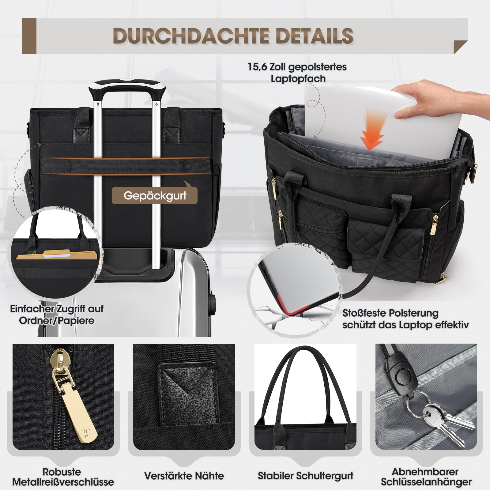 RAINSMORE Laptoptasche Damen 15,6 Zoll Wasserdicht Umhängetasche Schwarz
