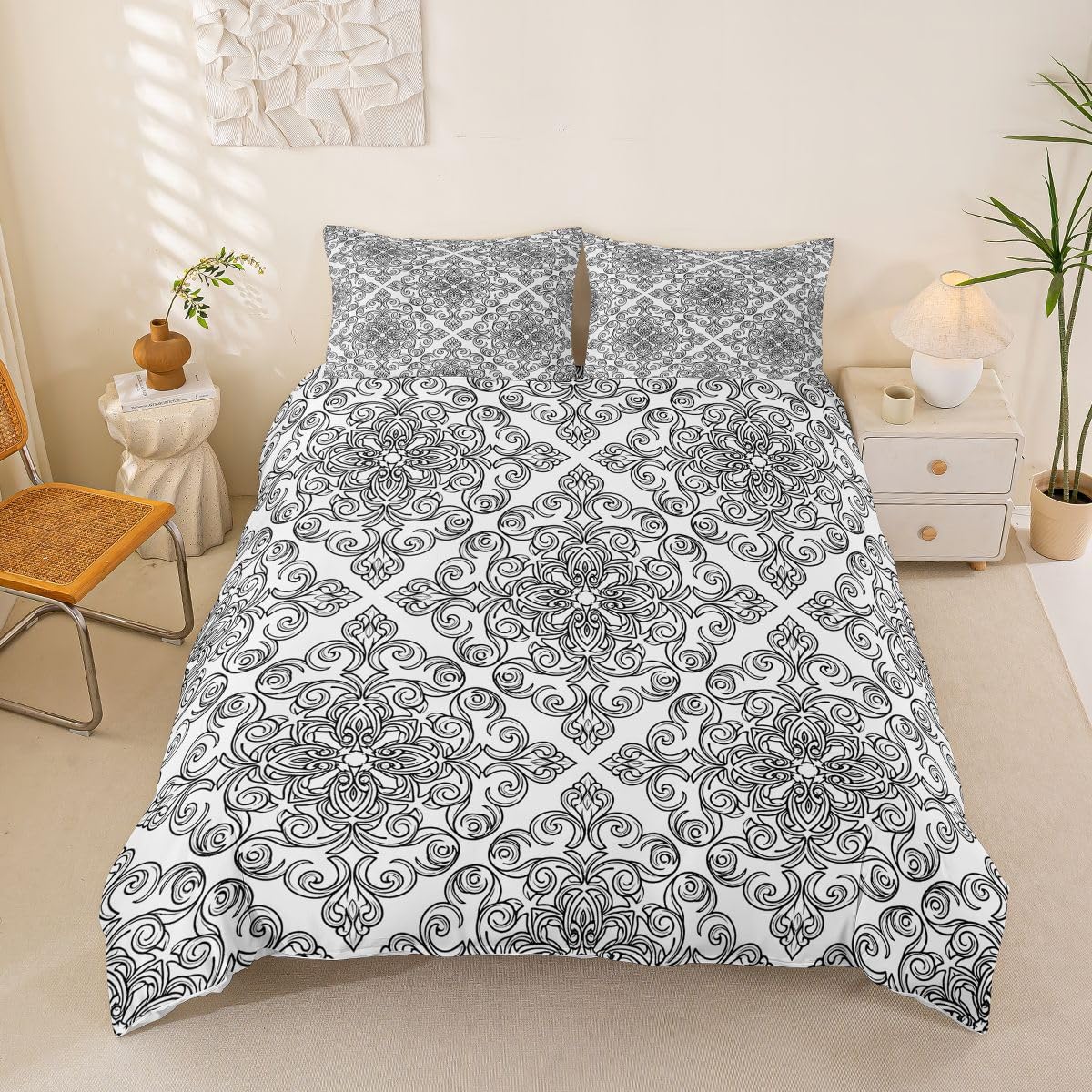 Homemissing Gothic Damask Duvet Cover Set Cot Size for Kids Boys Girls Vintage Damask Floral Bedding Set Antique Victorian Baroque Duvet Cover with 1 Pillowcase Luxury Royal Bedding — image 1