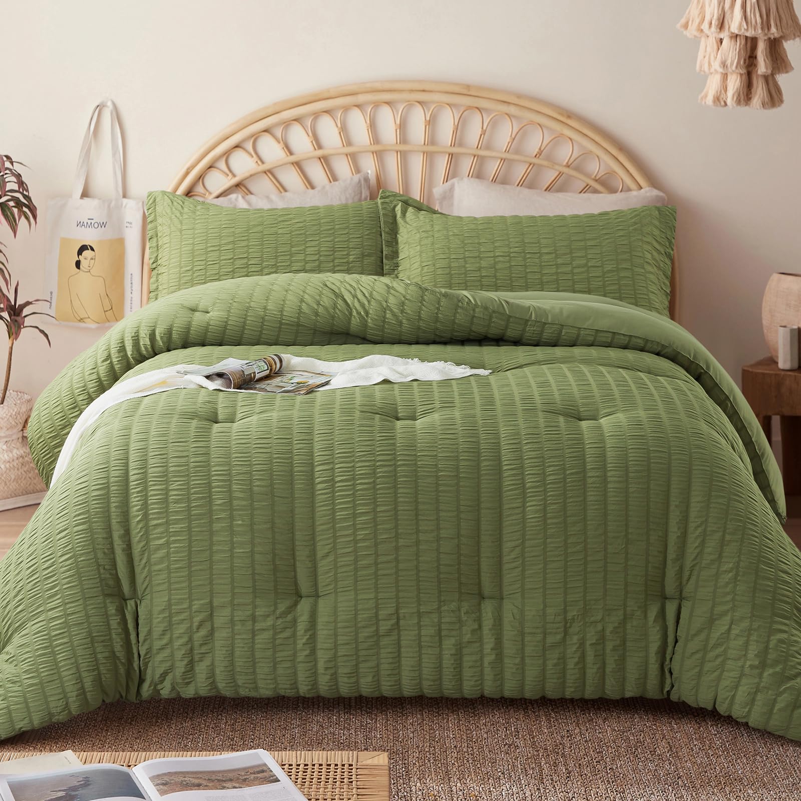 Cosybay Sage Green King Comforter Set 3 Pieces Seersucker