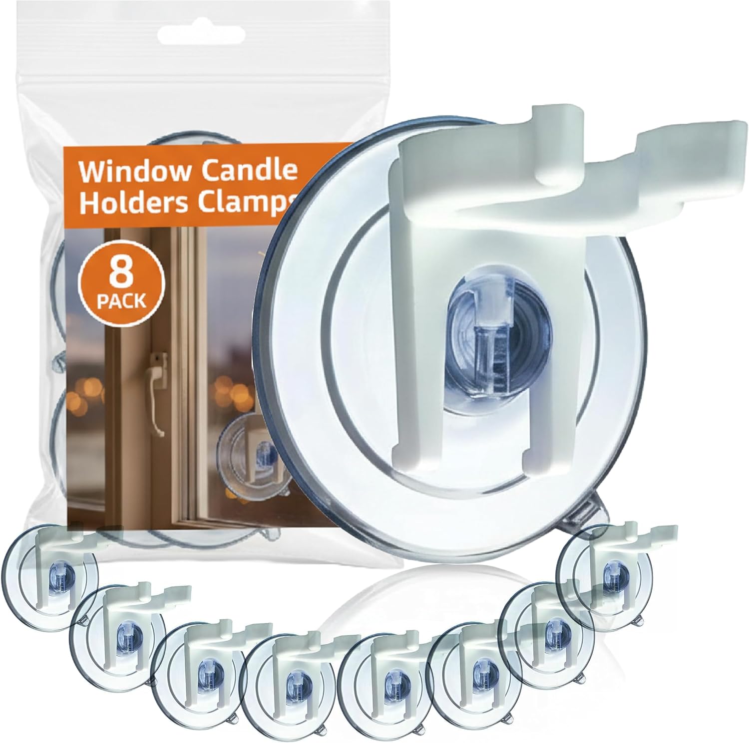 8 PCS Window Candle Holders Clamps – Christmas Suction Cup Holder – Strong Suction Cups for Glass Windows, Electric & Battery Candles – Ideal Christmas Candle Holder Set