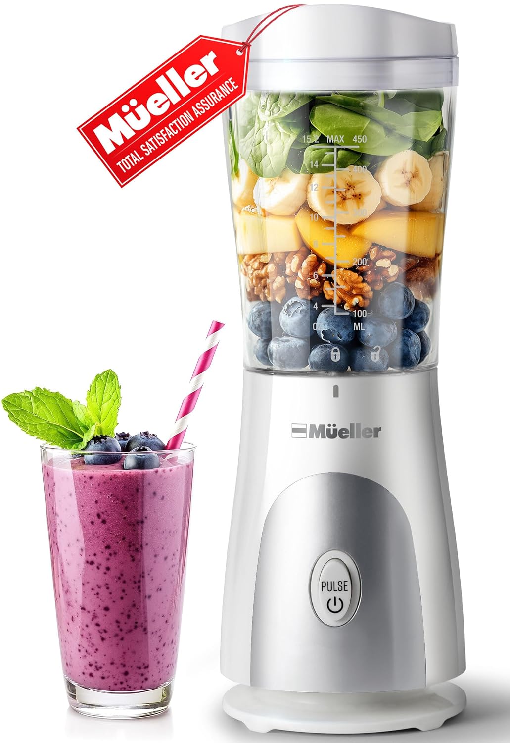 Mueller Smoothie Blender for Smoothies - Personal Blender for Shakes Frozen Drinks Baby Food More 15oz Travel Cup
