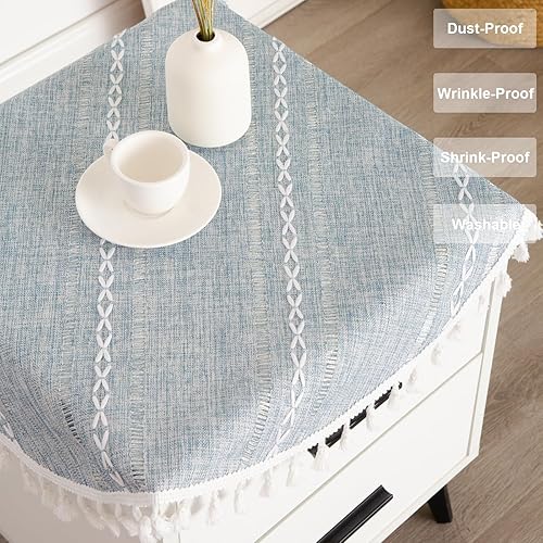 Miniatura 4 de Mantel redondo pequeño de lino rústico bordado a rayas, lavable, color azul, mantel de mesa con borlas para mesita de noche, soporte de plantas,
