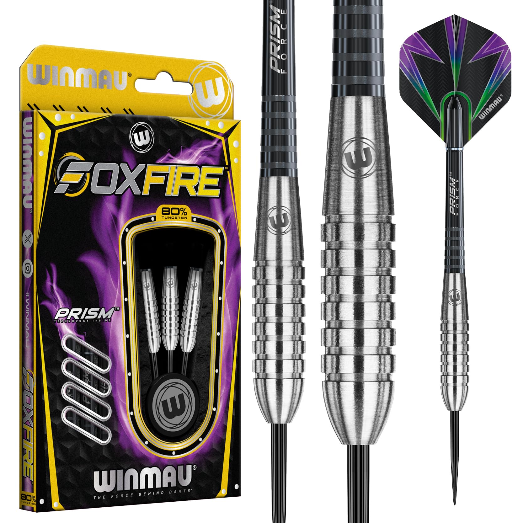 WINMAU Foxfire Tungsten Darts - Available 21, 22, 23, 24, 25, 26, 28 Grams with Prism Flights and Shafts (Stems)