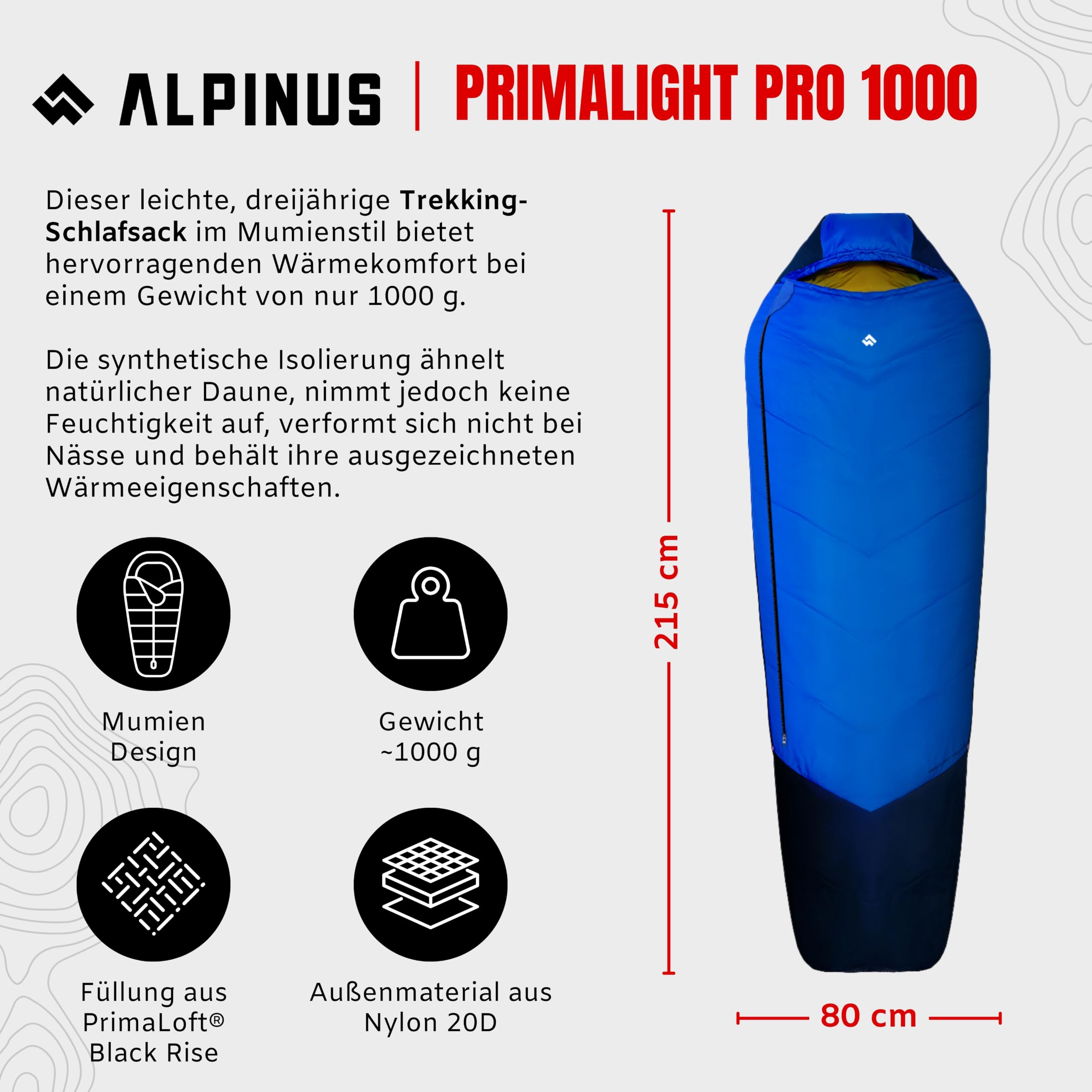 Alpinus - Śpiwór Turystyczny Primalight Pro 1000, Lekki Śpiwór Typu Mumia 215 x 80 cm, z Dwuwarstwową Izolacją, Kempingowy, Pokrowiec z Możliwością Kompresji