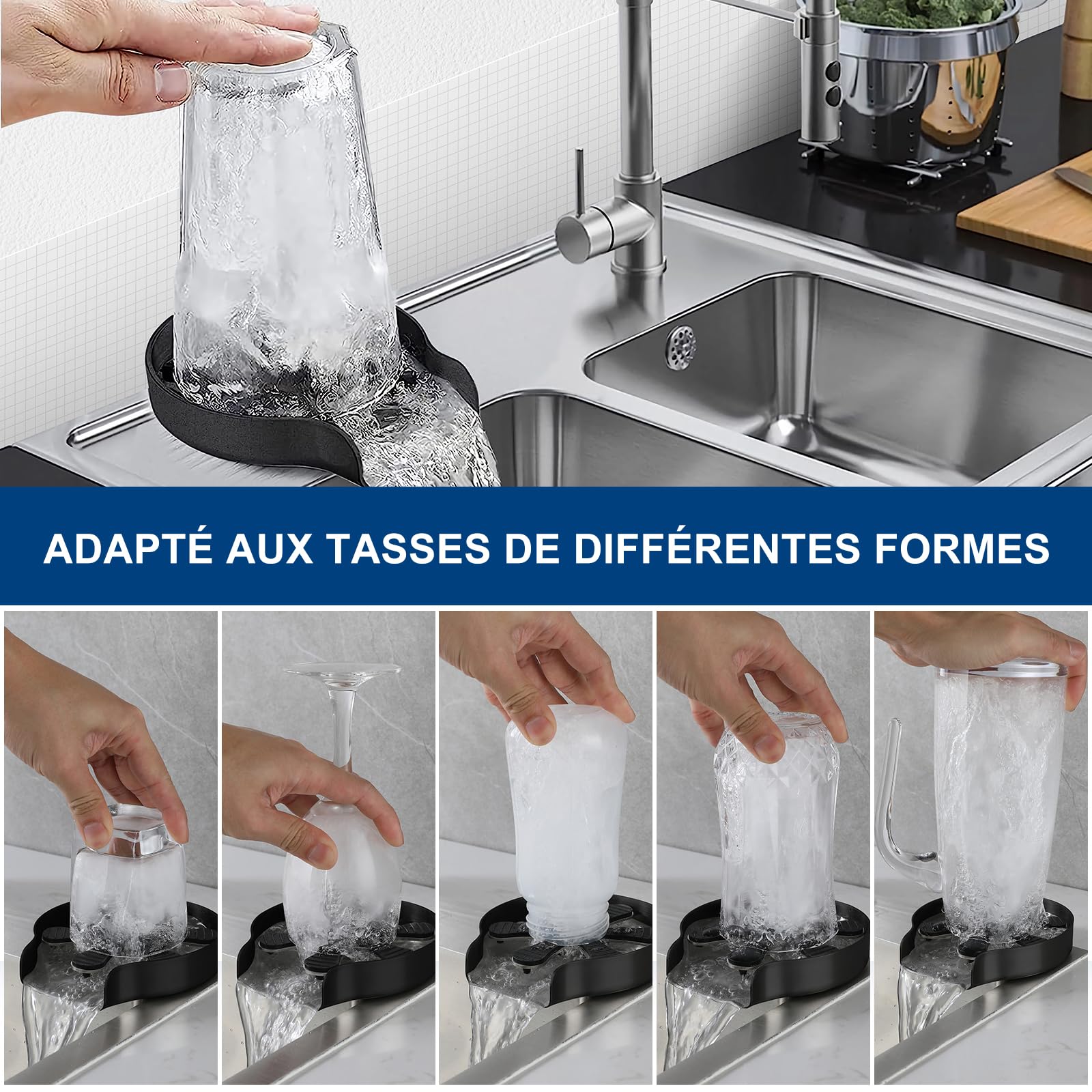 Rince Verre Brosse En Verre pour Évier De Bar - Lave Verre et Biberon Bouteille - Accessoire Évier Cuisine - Noir, En Acier Inoxydable