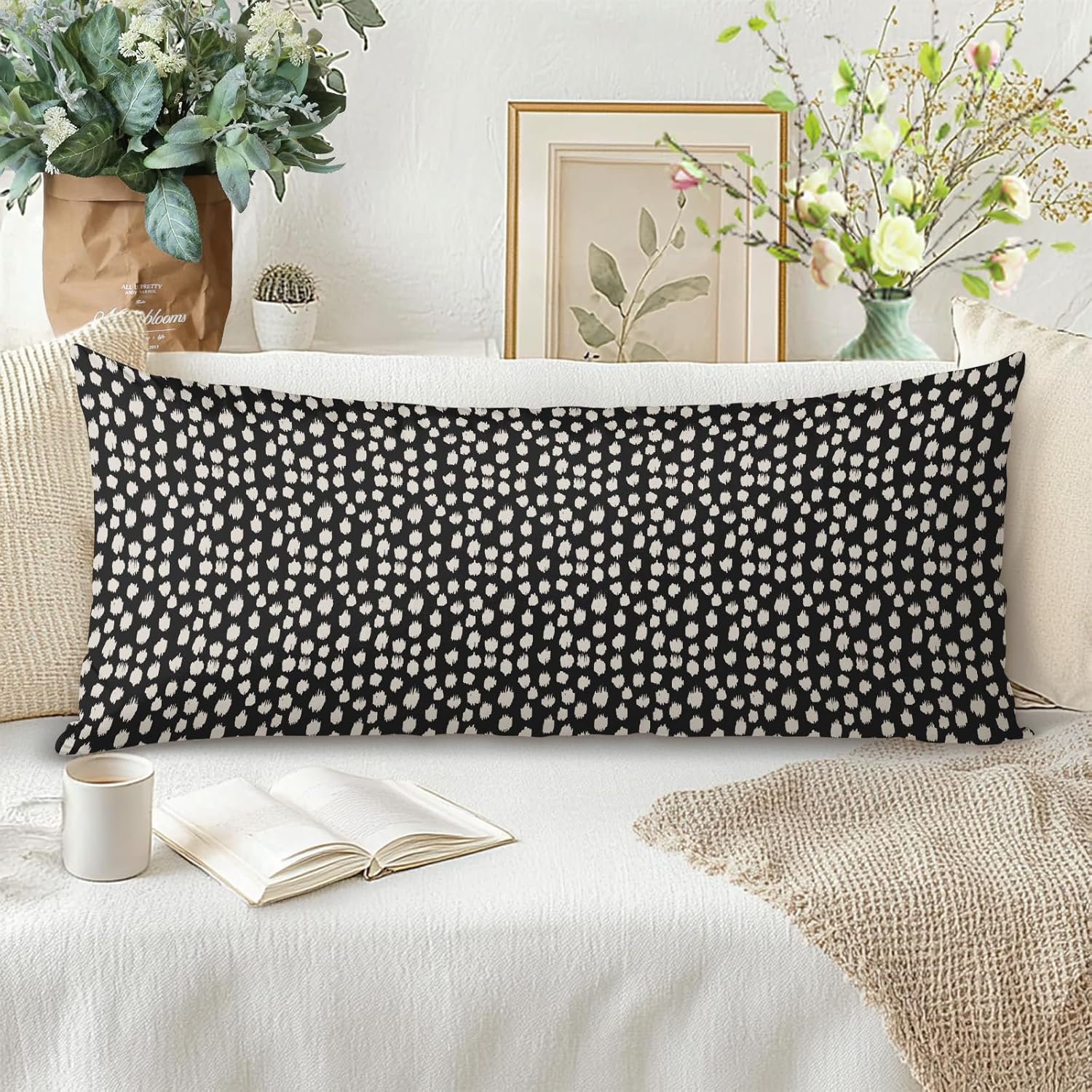 Black Lumbar Pillow Cover 14x36 Cream White Polka Dot Throw Pillow Boho Design Brush Strokes Long Decorative Outdoor Pillowcase Rectangle Cushion Case Decor for Home Sofa Couch Bed 36\" x 14\" (Pack of 1) Black Cream, SIMILAR TO STOCK PHOTO