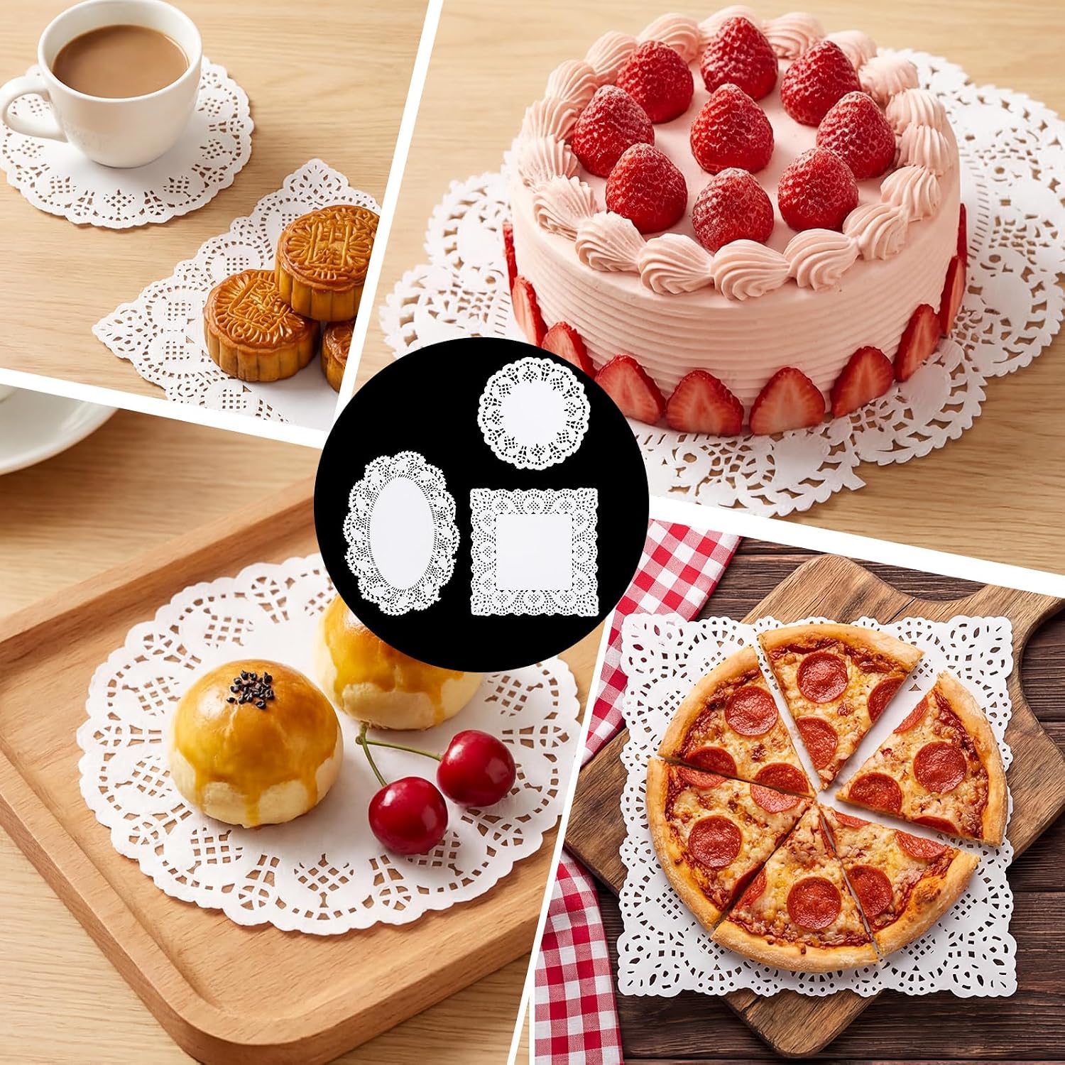Paper Doilies Assorted Sizes 150 PCS Disposable Square Oval Round Paper Placemats for Crafts Cake Dessert Table Wedding Decoration, White