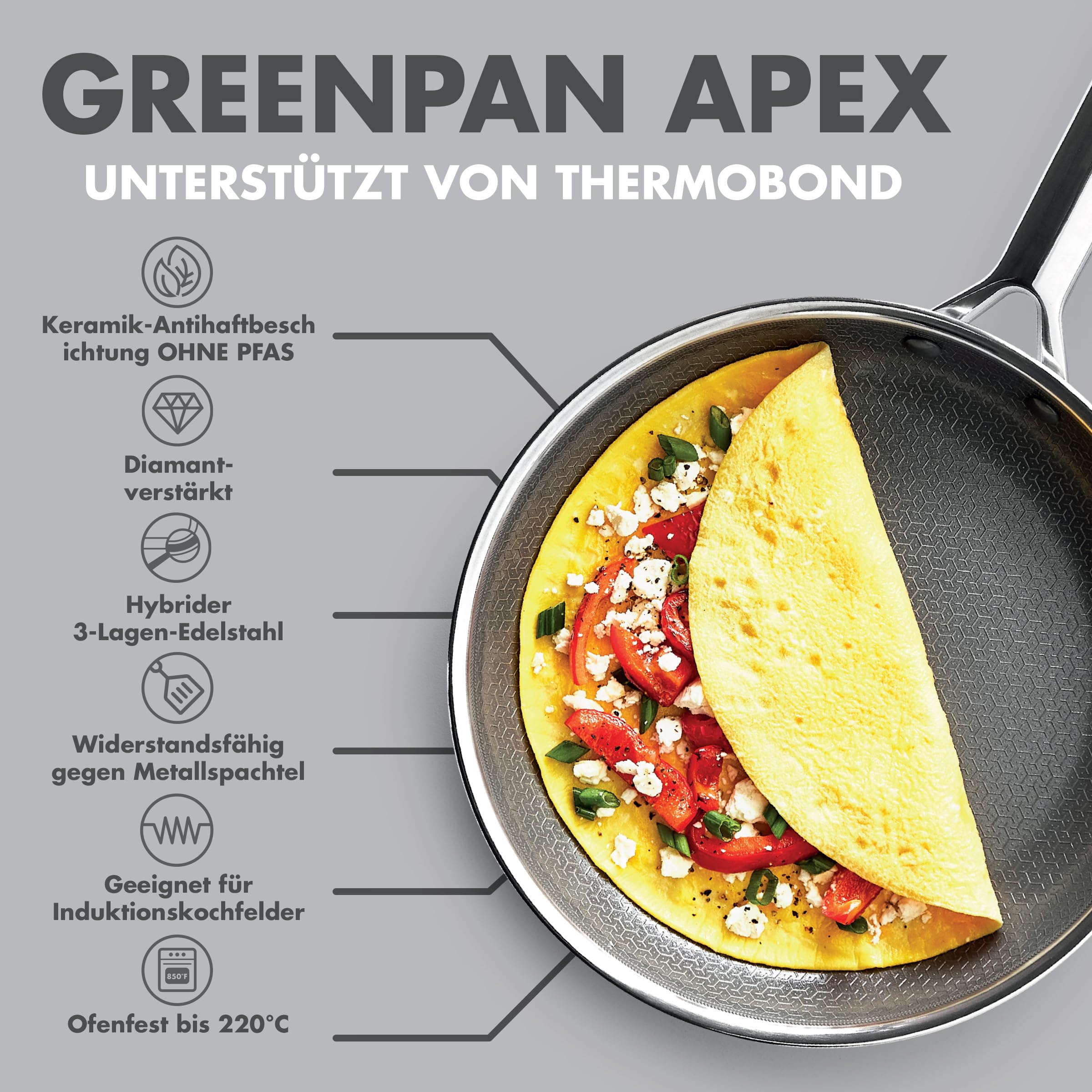 GreenPan Hybrid-Wok aus Edelstahl mit Antihaftbeschichtung, 28 cm, APEX Tri-Ply Thermobond PFAS-freie Keramikpfanne, Induktionsgeeignet, Ofenfest bis 220 °C, Spülmaschinenfest, Silber