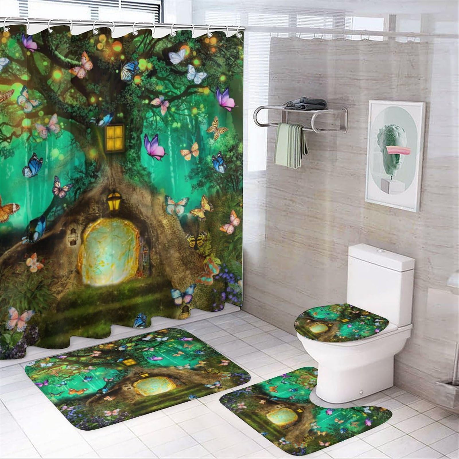 Kazynee 4-Piece Nature Forest Eagle Bathroom Set - Shower Curtain, Bath Mat, Toilet Cover & Rug