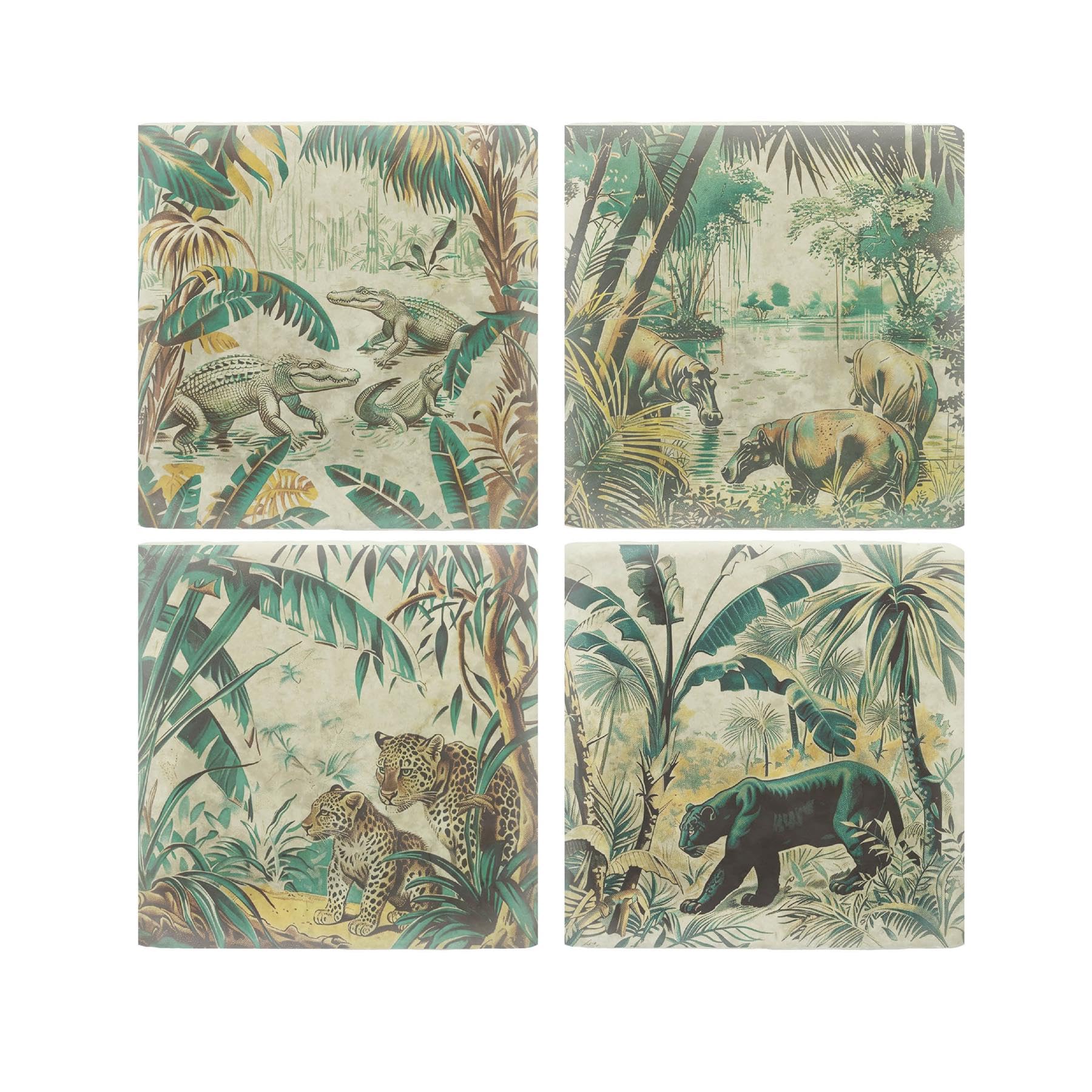 Purely Home Vintage Jungle Marble Coaster Set - Panther Hippo Leopard Crocodiles Safari Print Square Set Of Four (4) Coasters Gift