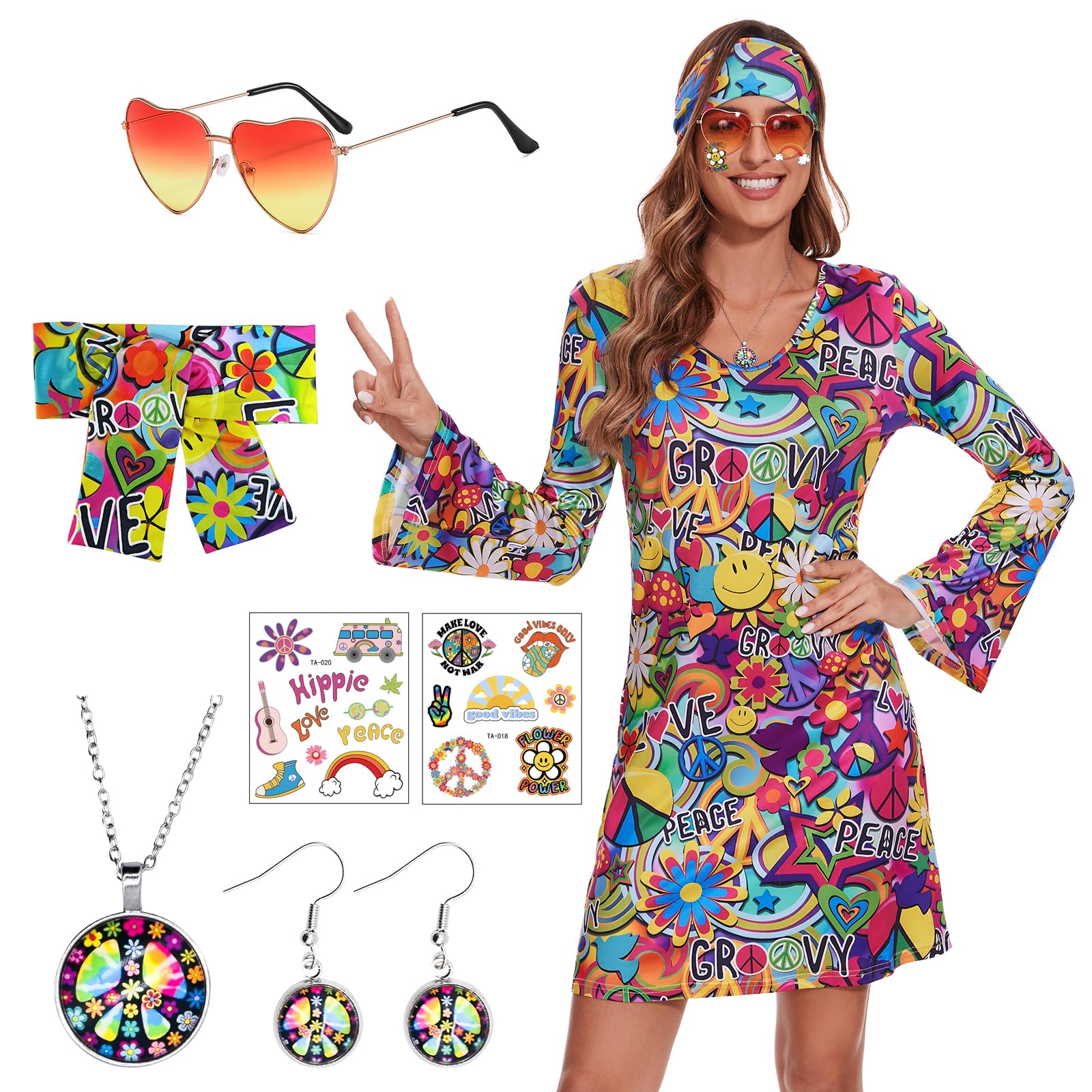 ATAMET 70's Women Costumes Hippie Dress, 1970s Outfits Accessories Set, 60s 70s Disco Prom Dress, Carnival Halloween Costumes