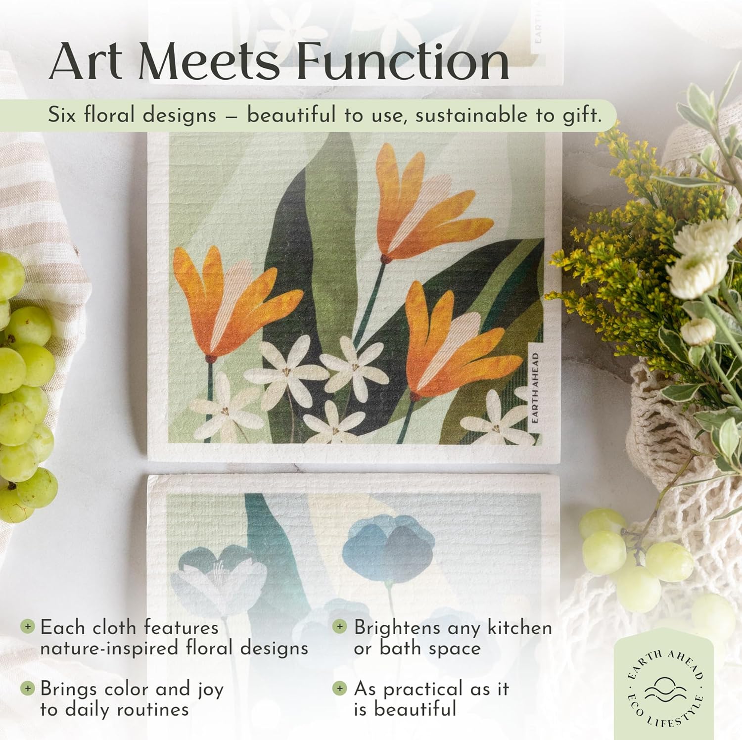 Swedish Dishcloths – Floral Designs Gift Set – Reusable Compostable Cellulose Sponge Cloth – Eco-Friendly Paper Towel Alternative 6 Pack