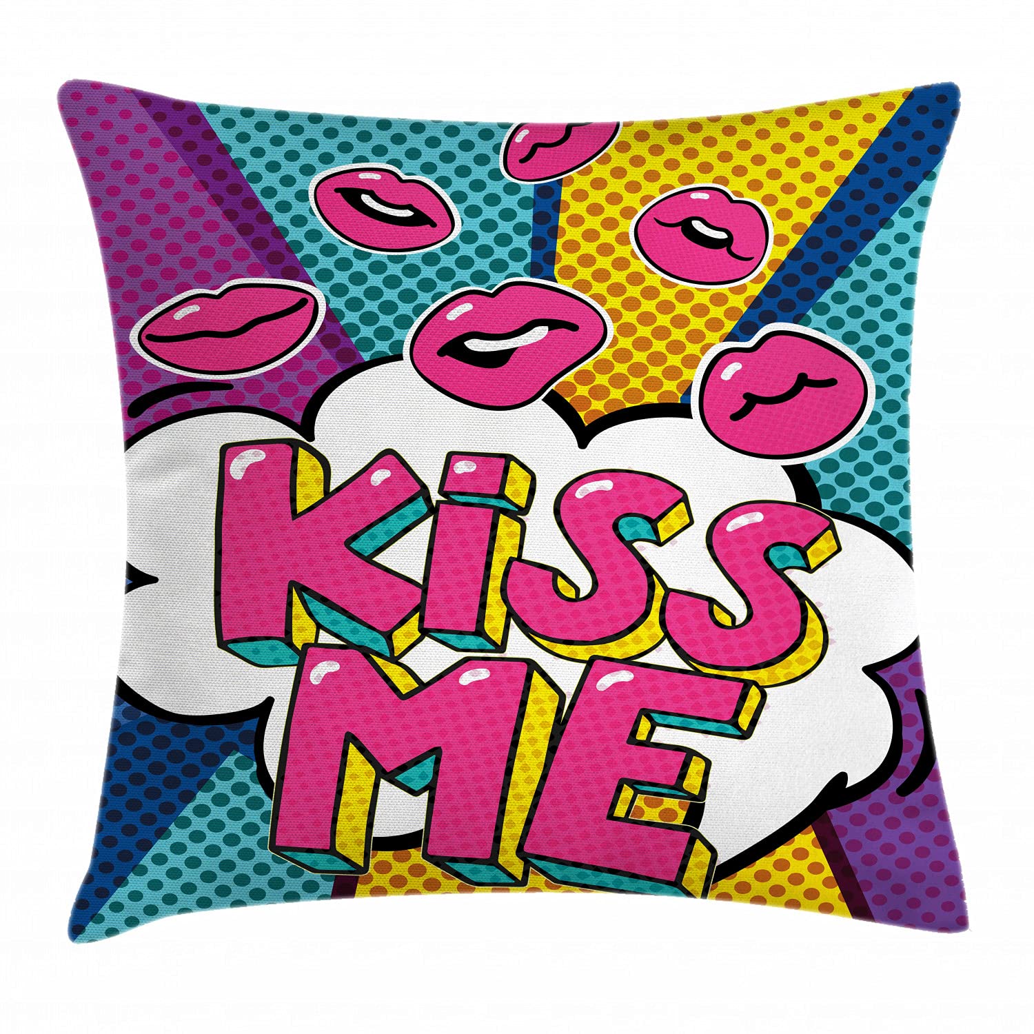Ambesonne Kiss Throw Pillow Cushion Cover, Kiss Me Word Bubble in Pop Art Style Retro Colorful Dotted Backdrop with Pink Lips, Decorative Square Accent Pillow Case, 16" X 16", Pastel Pink